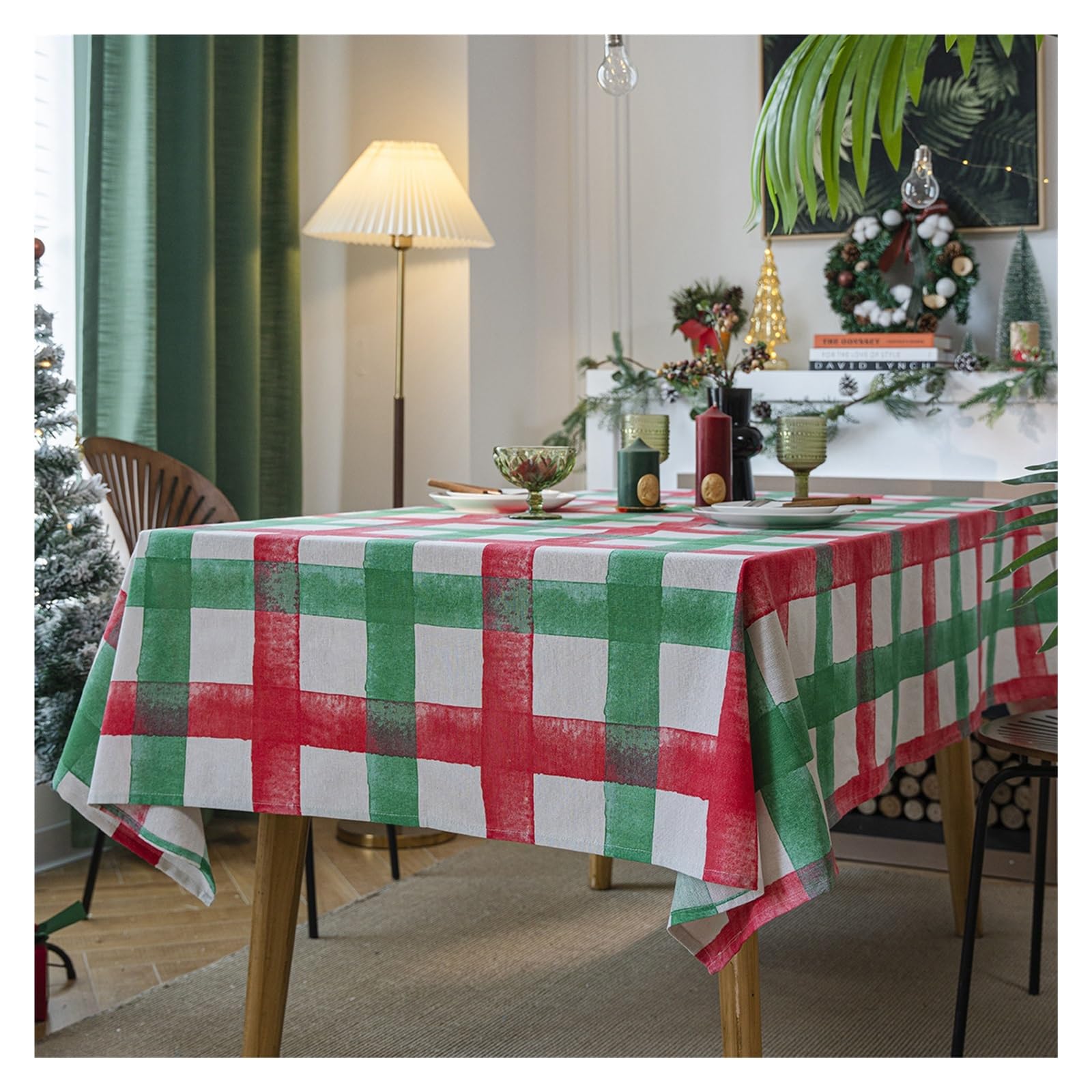 HYFEUOKF Green Checkered Print Christmas Tablecloth Rectangular(90 * 90cm)
