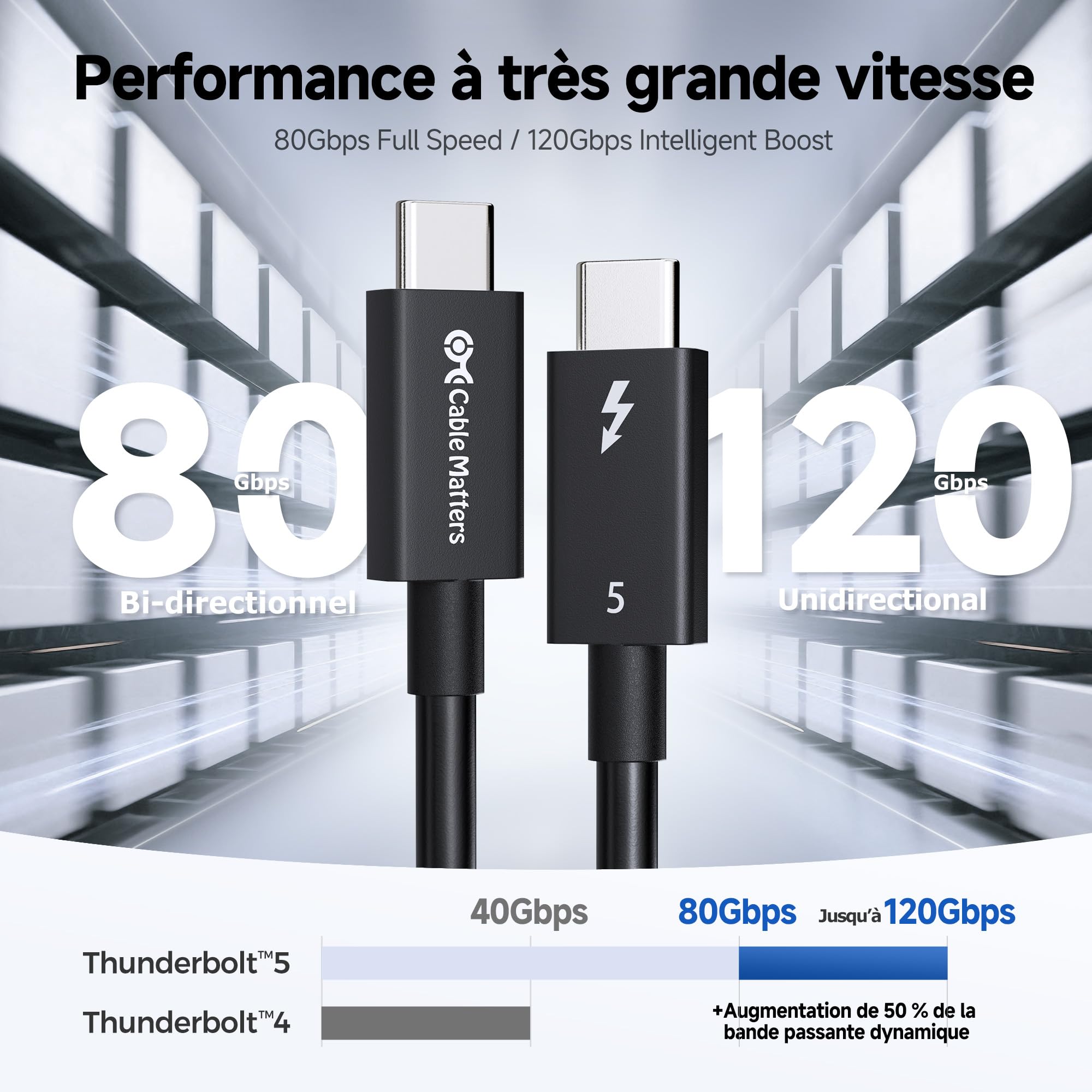 Cable Matters [Certifié Intel] Câble Thunderbolt 5 80Gbps avec jusqu'à 120Gbps de bande passante et 240W de charge en noir - 1m, compatible avec Thunderbolt 4, USB 4 et USB-C