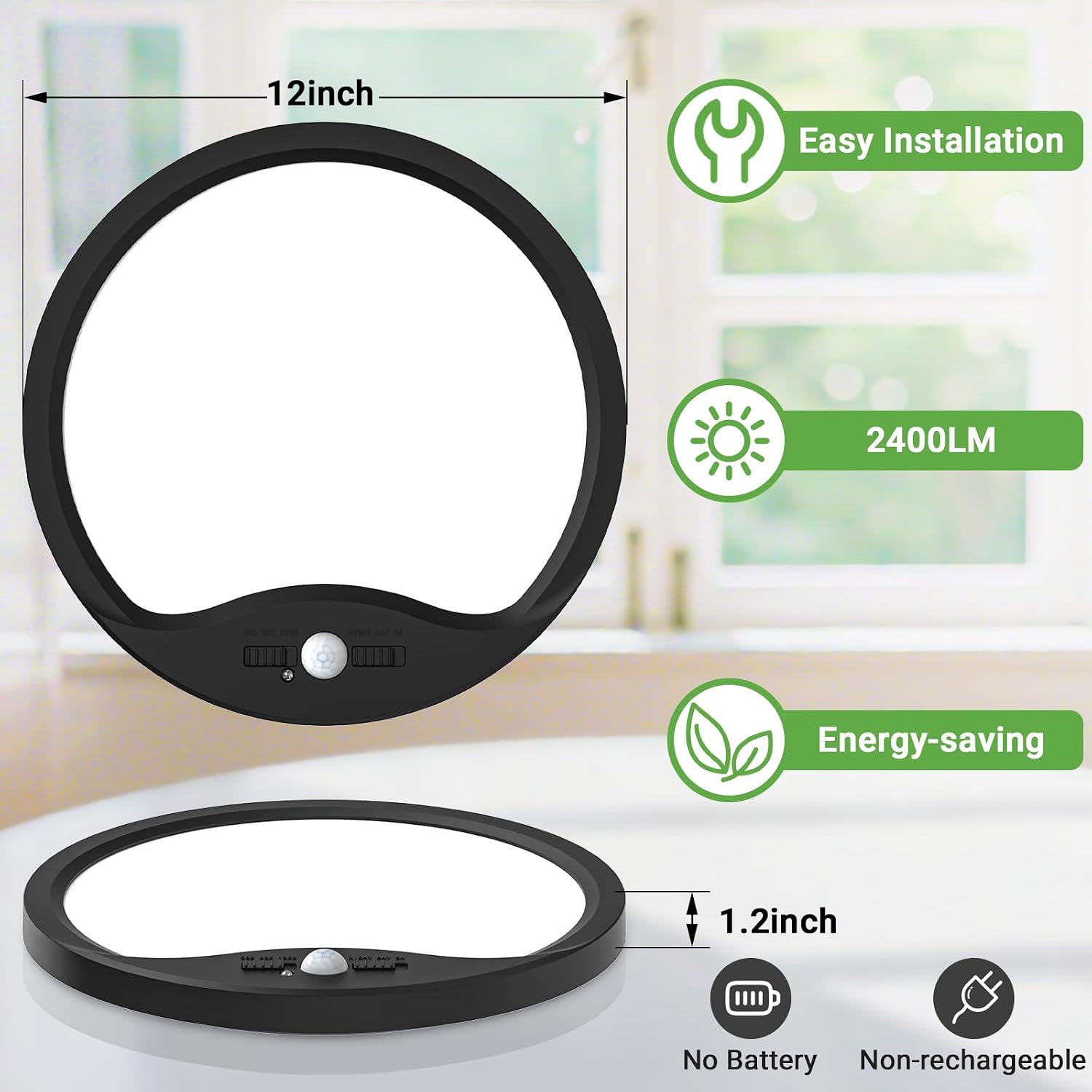 zemty 12inch Motion Sensor Ceiling Lights Wired, 24W 2400lm 3CCT/3 Mode/30-120s Timer, Bright Black LED Flush Mount Light Fixture Motion Activated for Closet Pantry Hallways Stairwells Garage