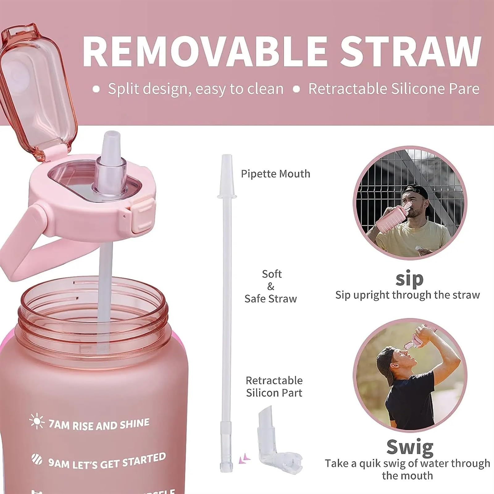 Sportflasche 2L Water Bottle with Straw Large Capacity Sports Portable Drinking Bottles with Time(Pink)