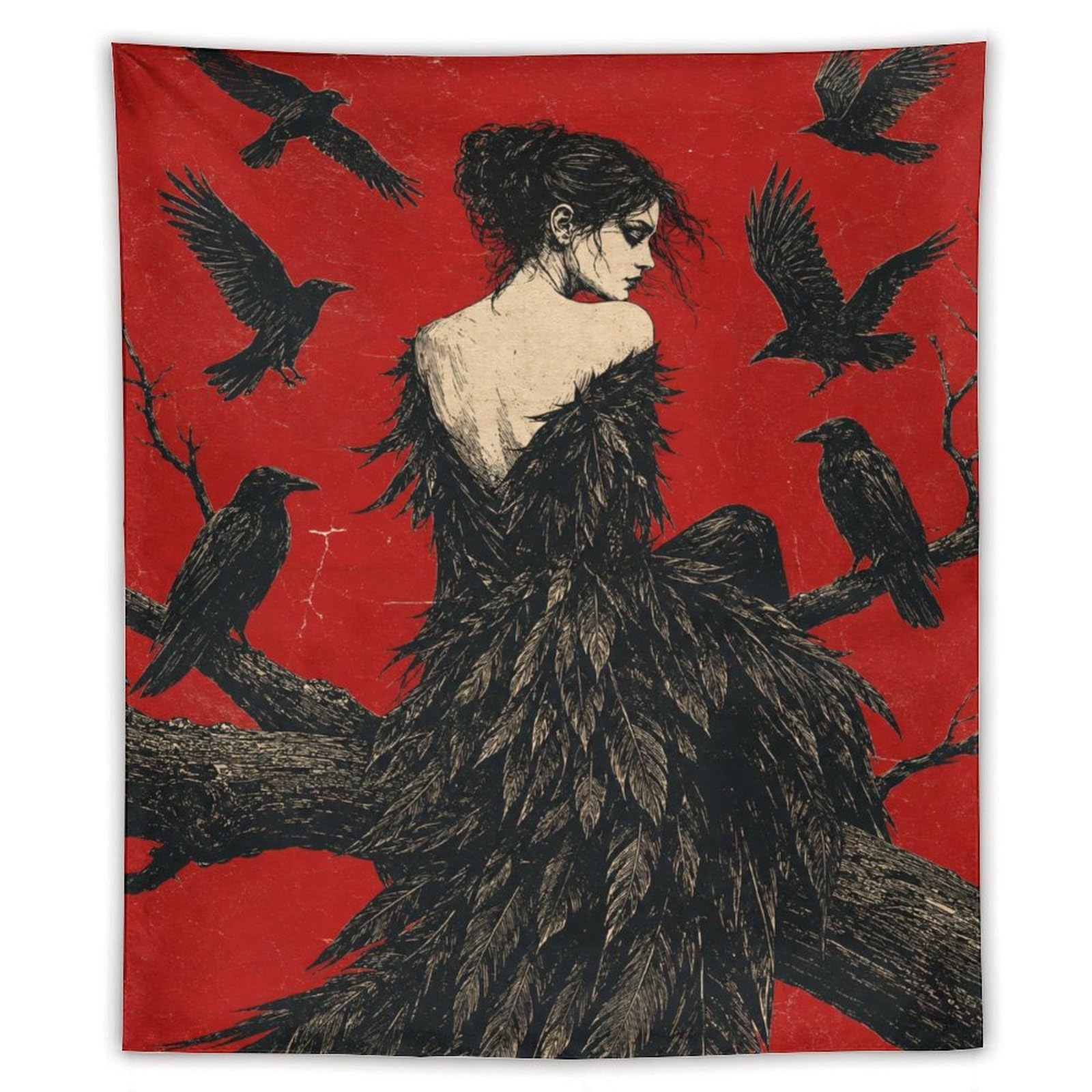 H3B8U2Y5 Raven Woman with Flying Crows Wall Tapestry, Reading Corner