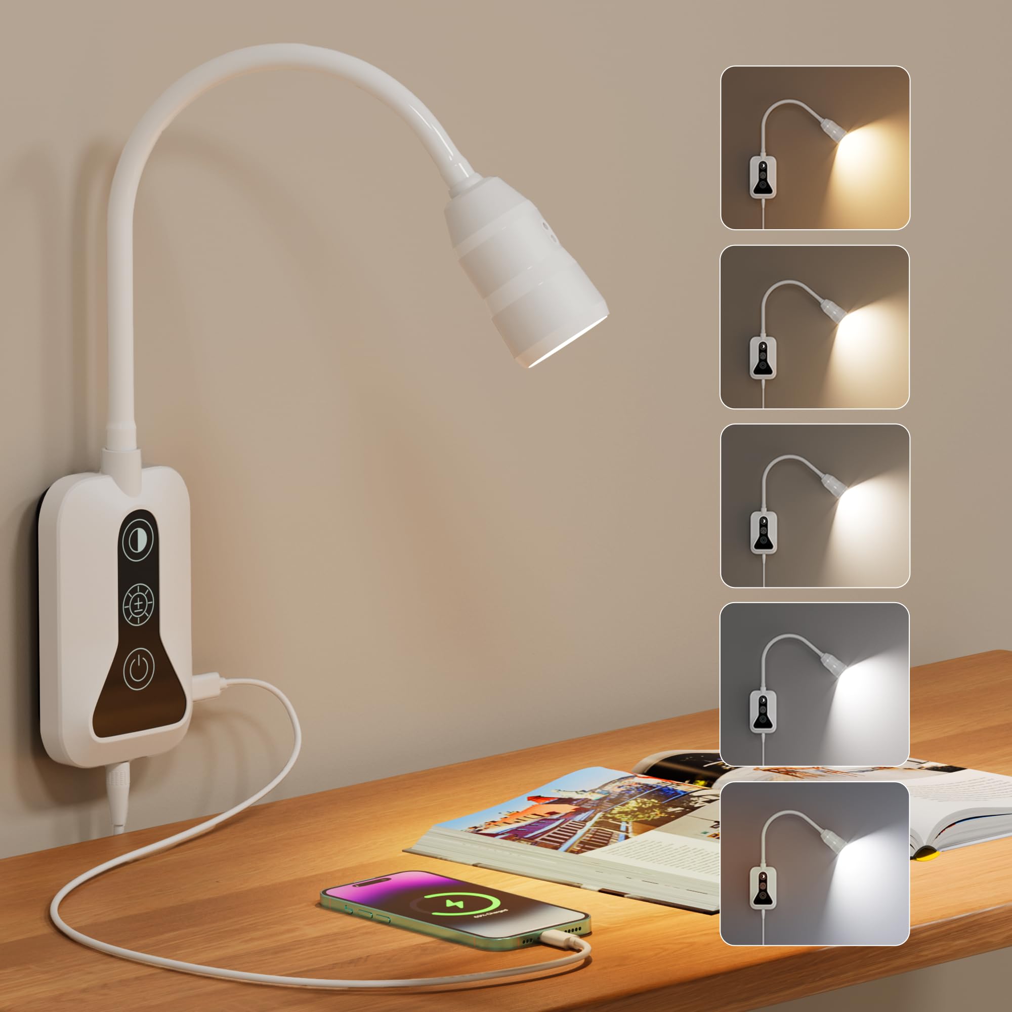 Wandmontierte Leselampe mit Handfeger-Sensorschalter, Buchlicht zum Lesen mit USB-Ausgang, 5 Farben und Helligkeit, dimmbar, Nachttischlampe, Wandlampe mit flexiblem Schwanenhals, Weiß, 1 Stück