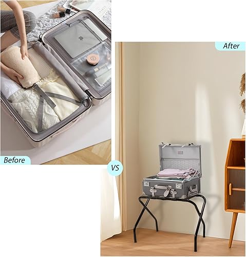 Miniatura 7 de Portaequipajes, soporte de maleta de metal, marco de acero plegable con soporte de carga tipo X, soportes para equipaje para habitación de