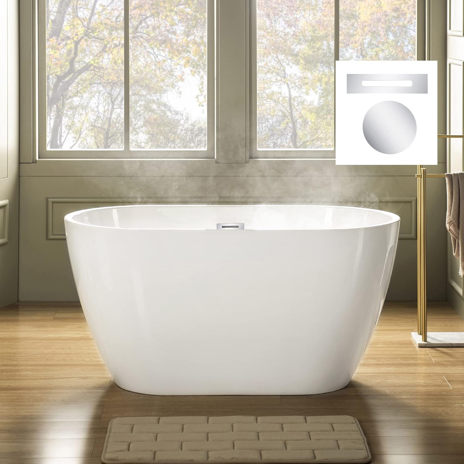 WOODBRIDGE 48" Acrylic Freestanding Bathtub Contemporary Soaking Tub, White Acrylic(Chrome Drain/Overflow),BTA1703-C-Drain&O