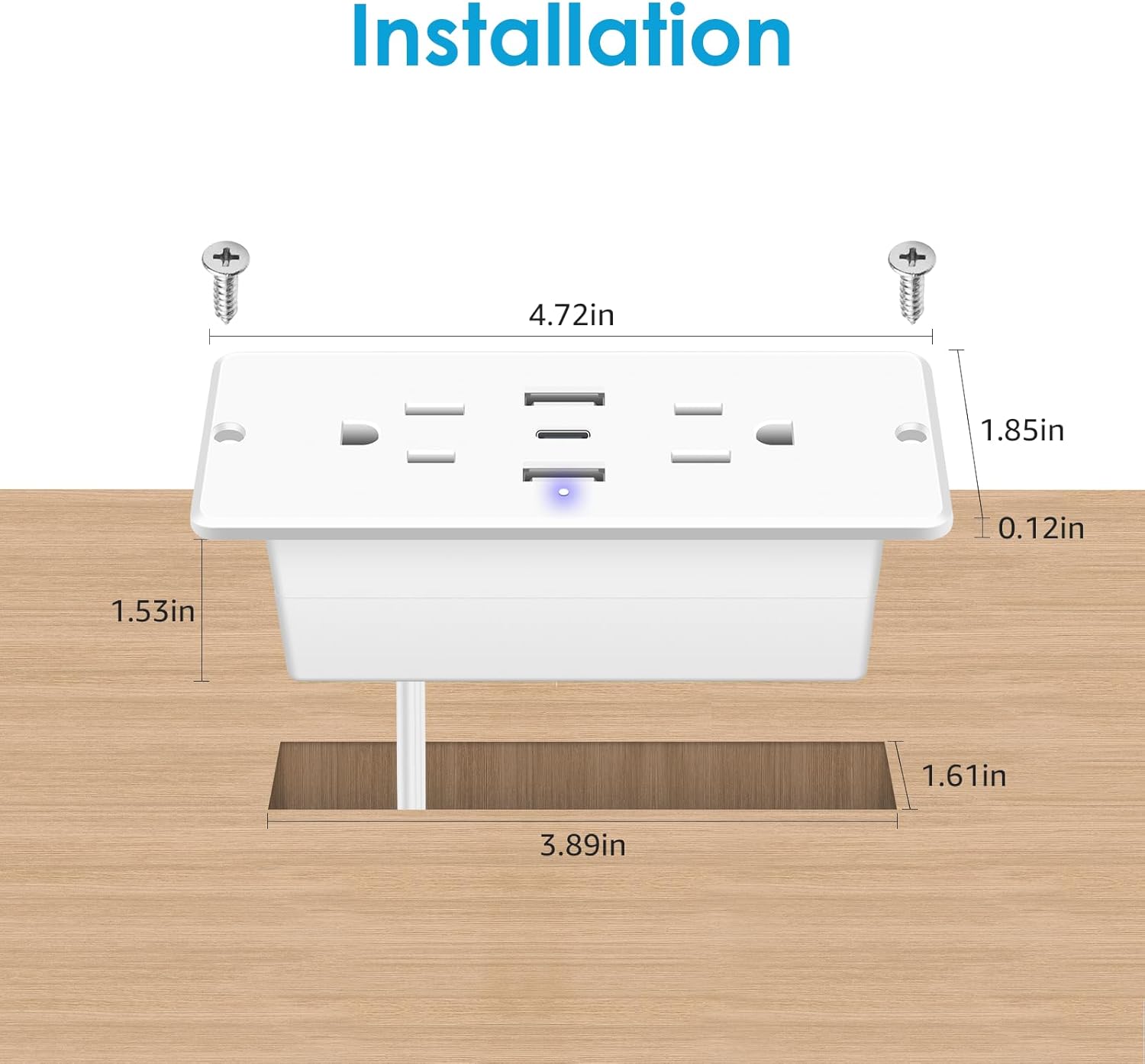 HHSOET 5 in 1 Recessed Power Strip Flat Plug, 20W Fast Charging Furniture Outlet with USB, Conference Recessed Socket with 2 AC Plugs, 2 USB Ports 1 USB-C, 6ft Power Cord. (White)
