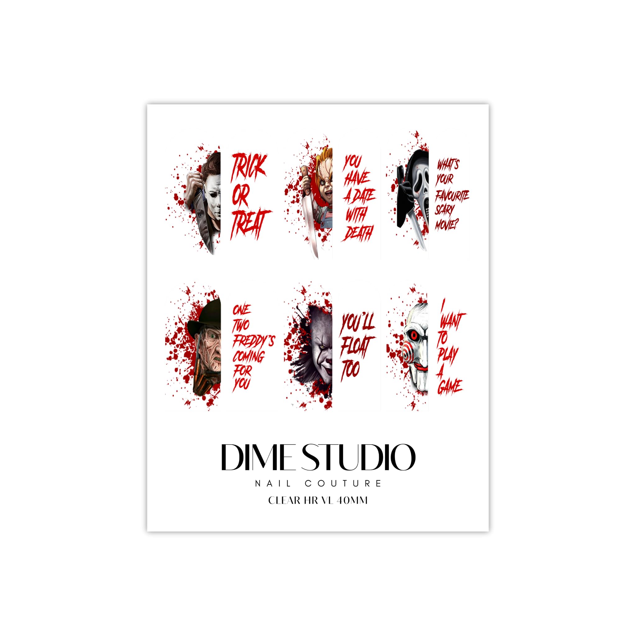 Horror Villain Slasher Blood Splatter Halloween Nail Decals Clear Water Transfer Nail Wraps Fun Halloween Trick or Treat Nail Art Supplies (40MM Medium)