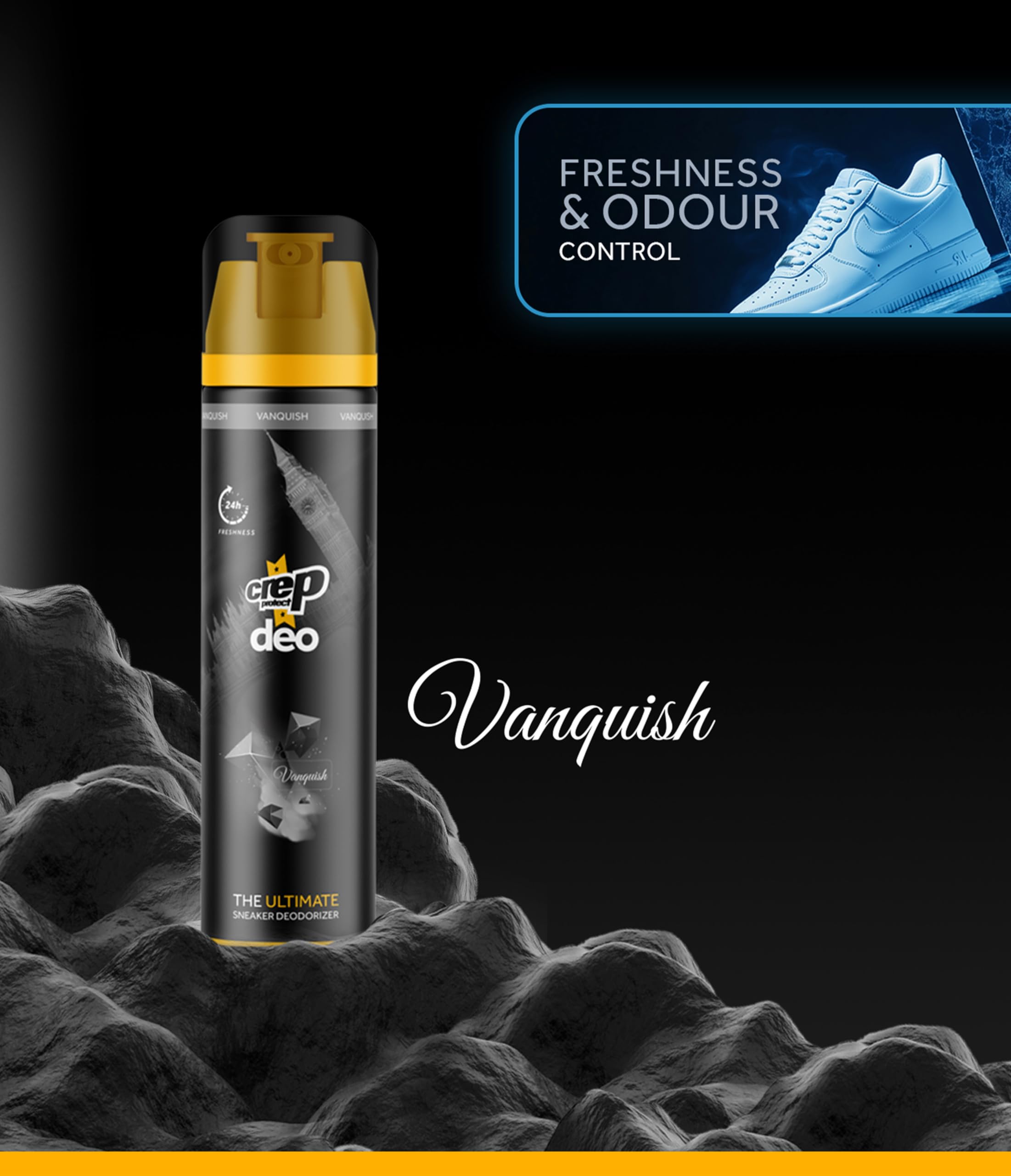 Crep Protect Shoe Deodorizer Spray - Shoe Smell Eliminator Delivers 24-Hour Odor Protection, Residue-Free Formula for All Sneakers, Refreshing Scent (Vanquish, 150ml)