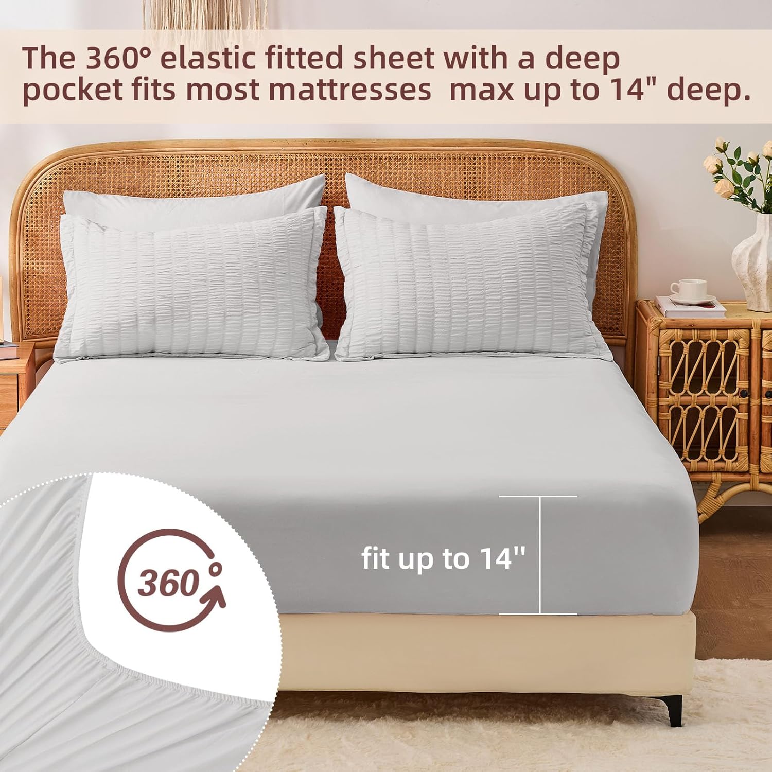 FUANNA Queen Comforter Set 7 Pieces, Luxury Seersucker Bed in a Bag Queen Size for All Seasons, Soft Bedding Set with Comforter, Flat Sheet, Fitted Sheet, Pillowcases & Shams for Bedroom,Light Grey
