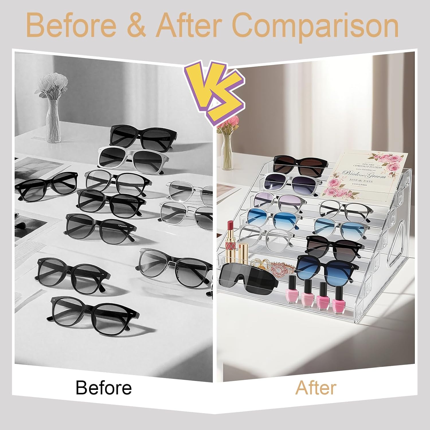 2 Pack 7 Tier Sunglass Organizer Stand, Clear Acrylic Sunglasses Organizer - Versatile Storage Tray for Eyeglasses, Sunglasses, Cosmetics, Cards & Nail Polish