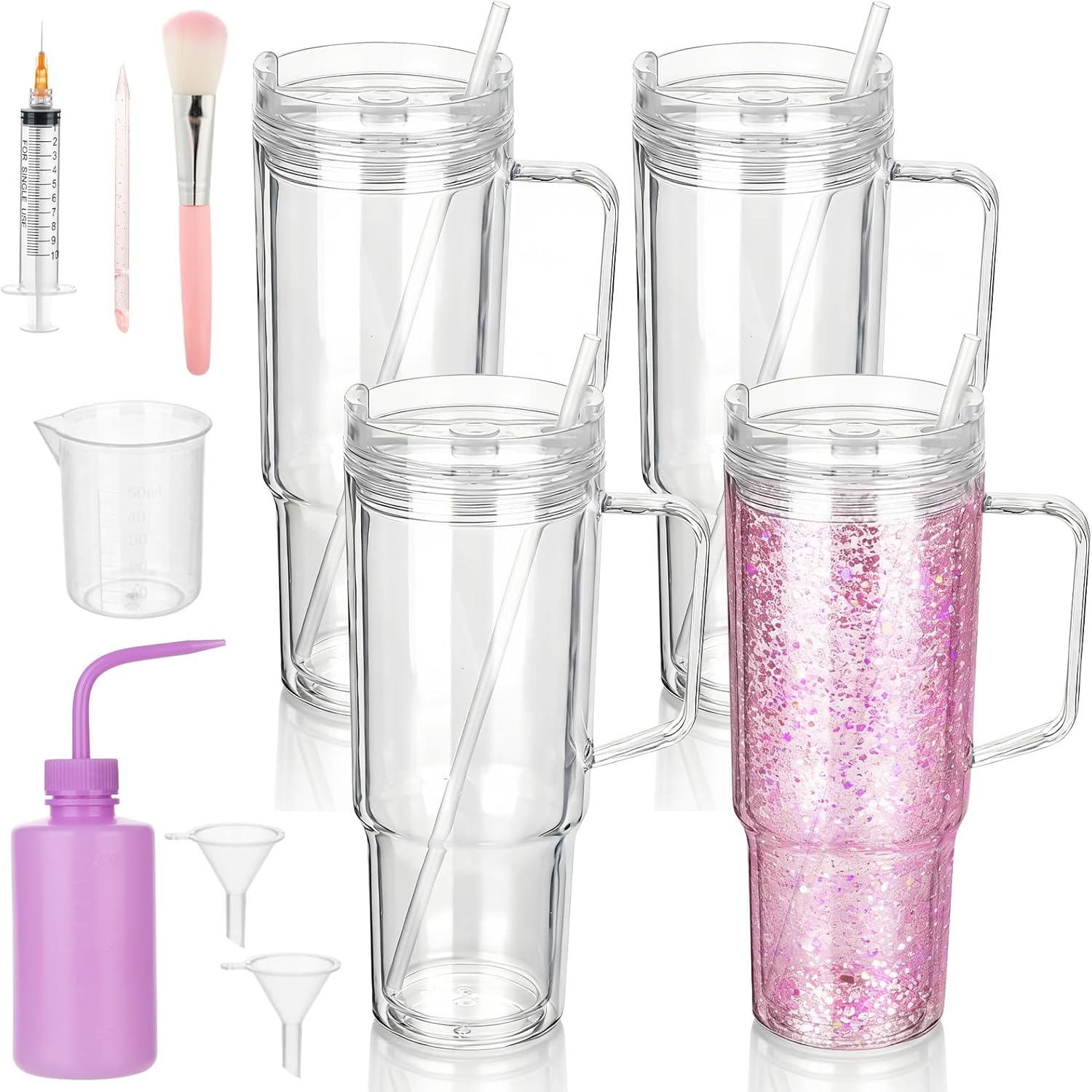 40 Oz Snow Globe Tumbler Supplies 4 Pack Acrylic Snowglobe Tumblers Cups with Handle Clear Pre-Drilled Double Wall Snow Globe Tumbler Starter Kit for DIY Glitter Tumblers