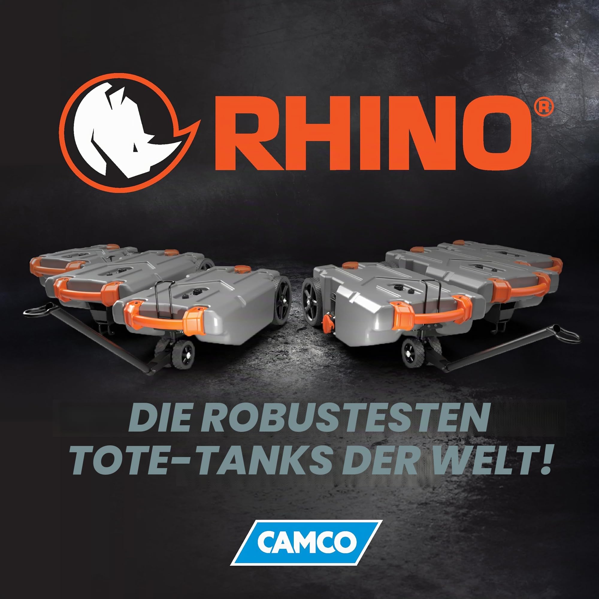 Camco Rhino 21-Gallonen Wohnmobil Abwassertank – Mit robusten pannensicheren Rädern, niedrigem Abflussloch, abnehmbarem Stahl-Zugadapter, 91,4 cm Abwasserschlauch und weiterem Zubehör (39002)