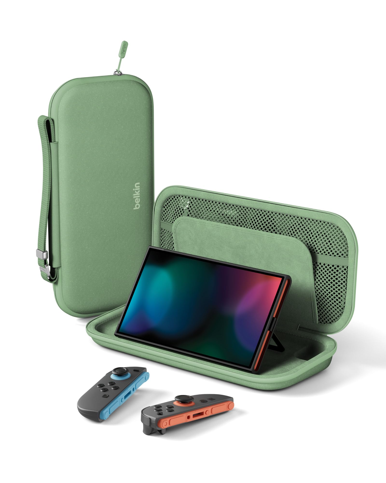 Belkin Gaming Tasche für Nintendo Switch 2, Leichtes Hartschalen-Case mit Weichem Innenfutter, AirTag-Fach, 12 Fächer für Game-Karten – Grün