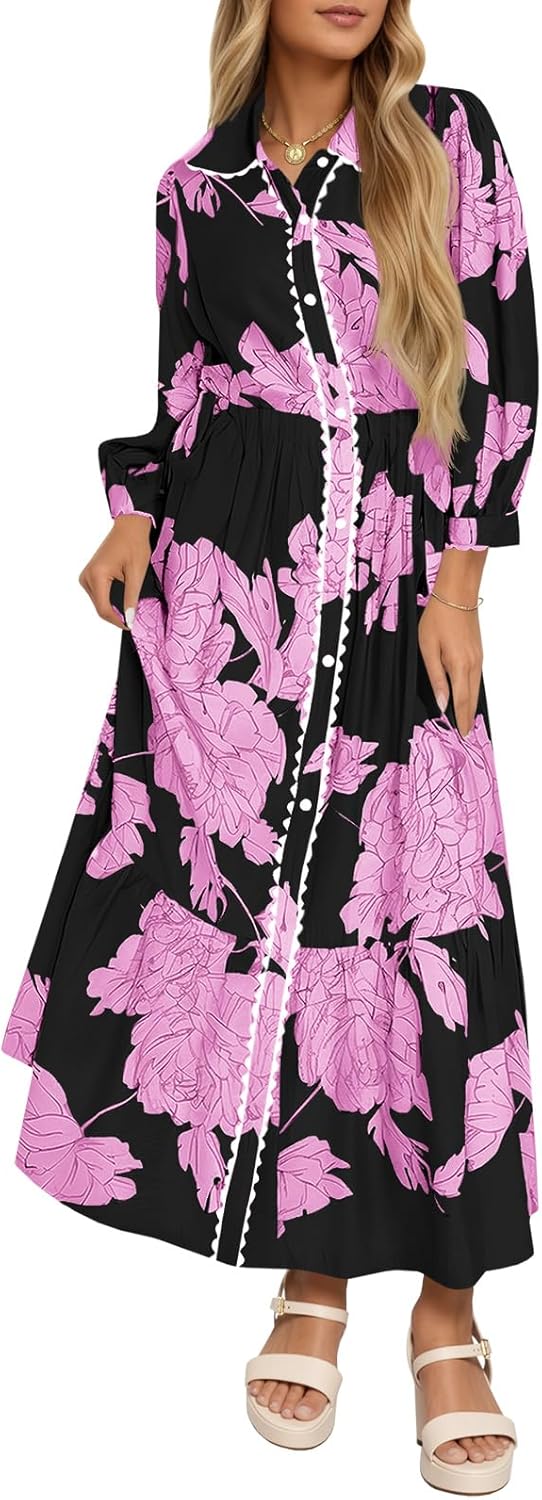 Wenrine Womens Maxi Shirt Dress Casual Floral Collared 3/4 Long Sleeve Drawstring Waist Fall Button Down Dresses