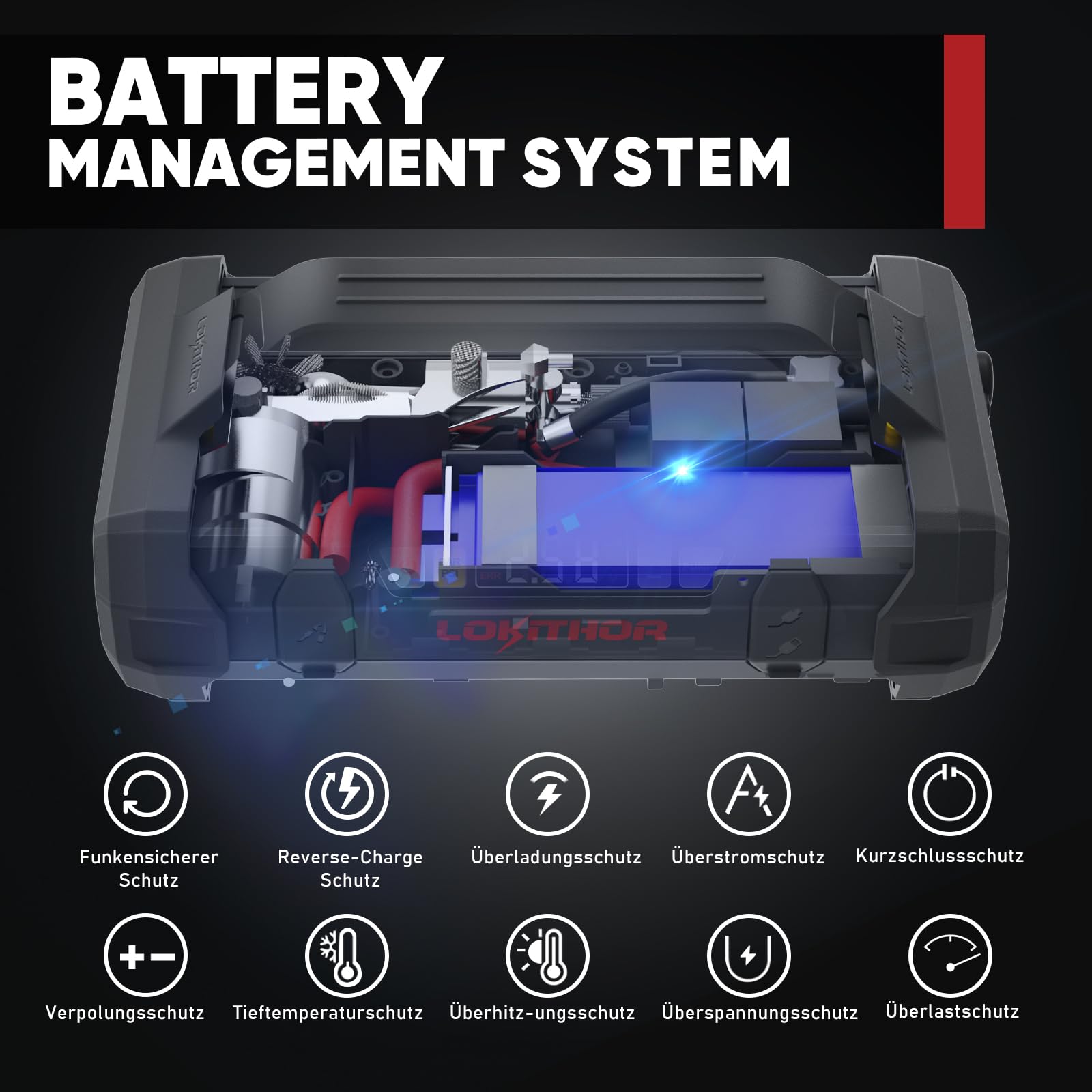 LOKITHOR JA300 Starthilfe Powerbank mit Kompressor, 1500A 12V Autobatterie-Booster 18000 mAh Jump Starter mit Luftpumpe für bis zu 7,0L Benzin oder 4,5L Diesel 150 PSI Reifenfüller mit Digitalanzeige