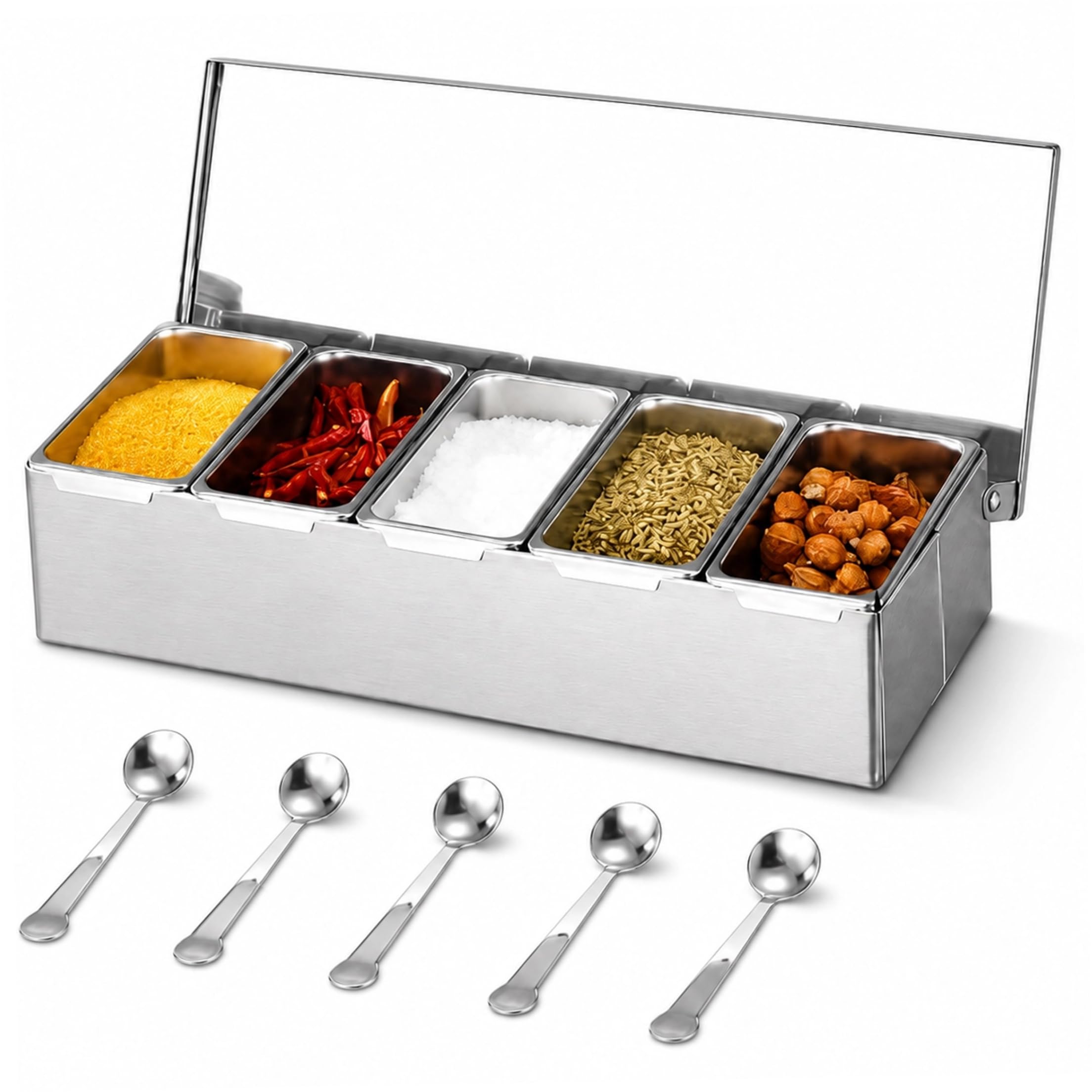 Monwssoe 5 Grid Ingredient Container, Multi-Compartment Stainless Steel Ingredient Container, Pizza Topping Station With Flip Lid & Spoon (5 Grid)