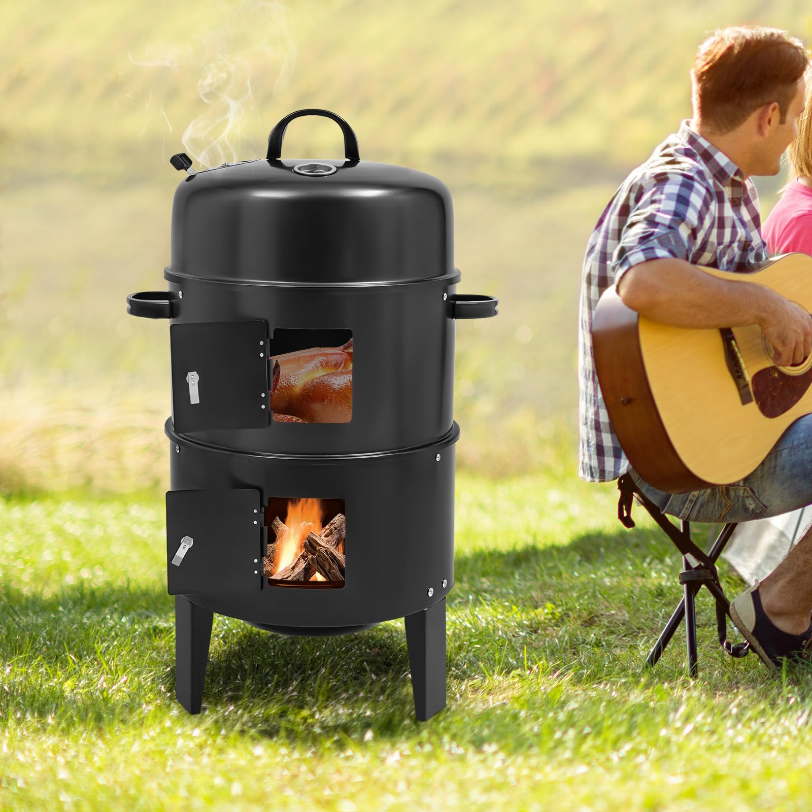 Grill wędzarniczy 3 w 1, z żelaza, piec wędzarniczy 40 cm z pokrywką i termometrem, grill na węgiel drzewny do wędzenia, duszenia i grillowania, w zestawie 2 ruszty do grillowania i 2 emaliowane