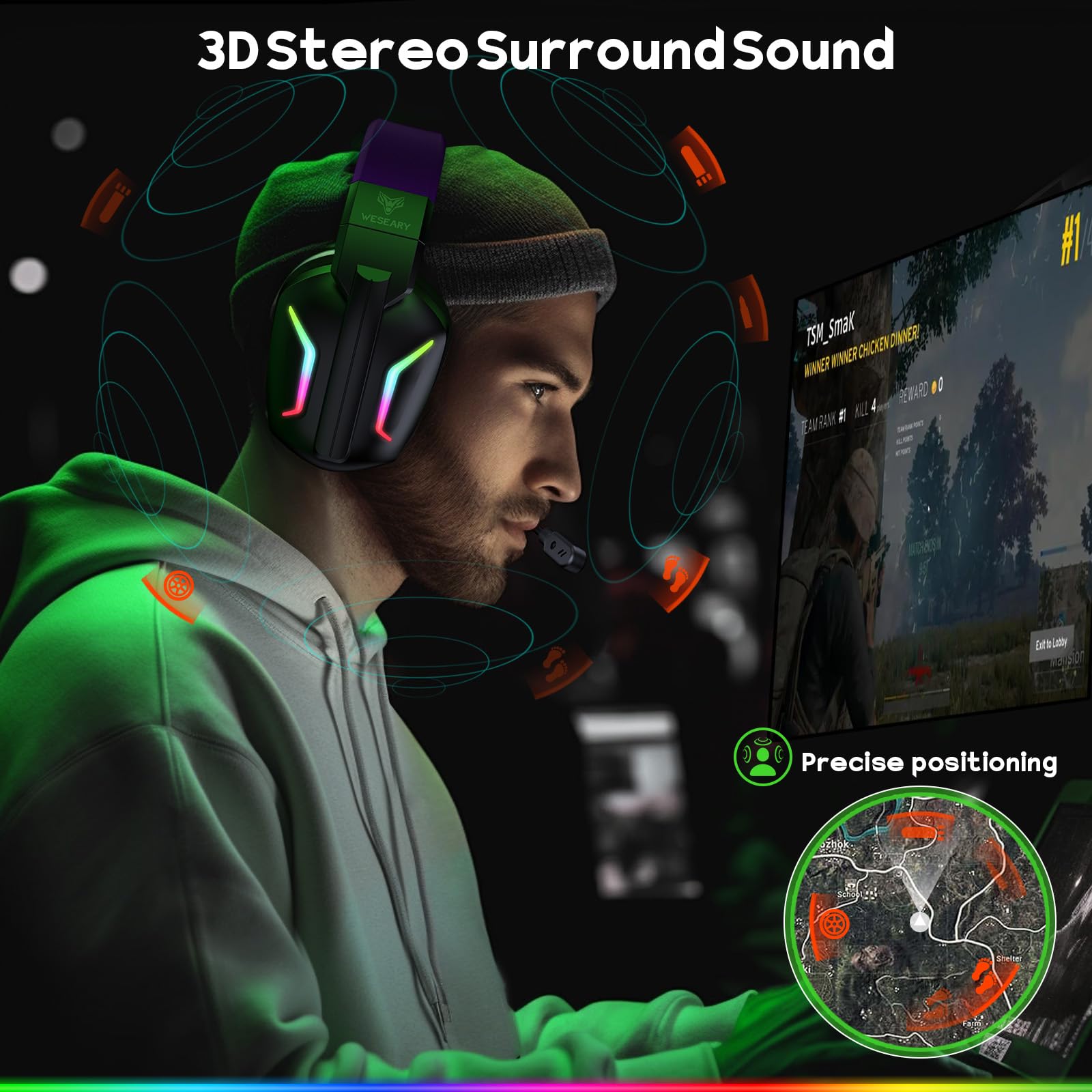 WESEARY WG1 Cuffie Gaming Wireless, 2,4 GHz Cuffie Gaming con Microfono per PS5, PS4, PC, Switch, Mac, Mobile, Cuffie PS5 con Stereo, Cuffie Bluetooth Over Ear con Luce RGB, Batteria da 50 Ore
