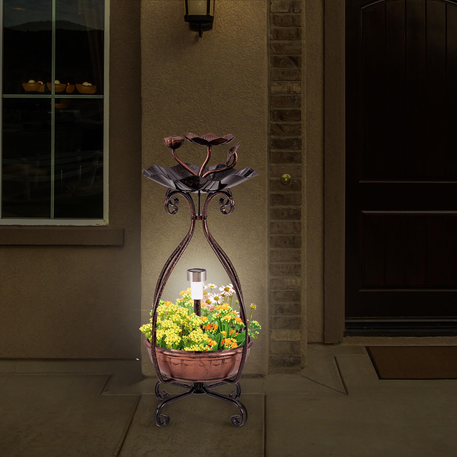 GYMAX Comedero Solar para Pájaros de Exterior, Bañera para Pájaros con Luz Solar LED, Jardinera Inferior de Flores, Marco Metálico, Bebedero Decorativo Vintaje para Ave (Bronce Antiguo)