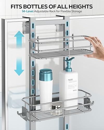 Vista 20 de Nieifi Estante organizador de despensa para ducha sobre la puerta con ganchos confiables, organizador de ducha resistente para colgar, estante