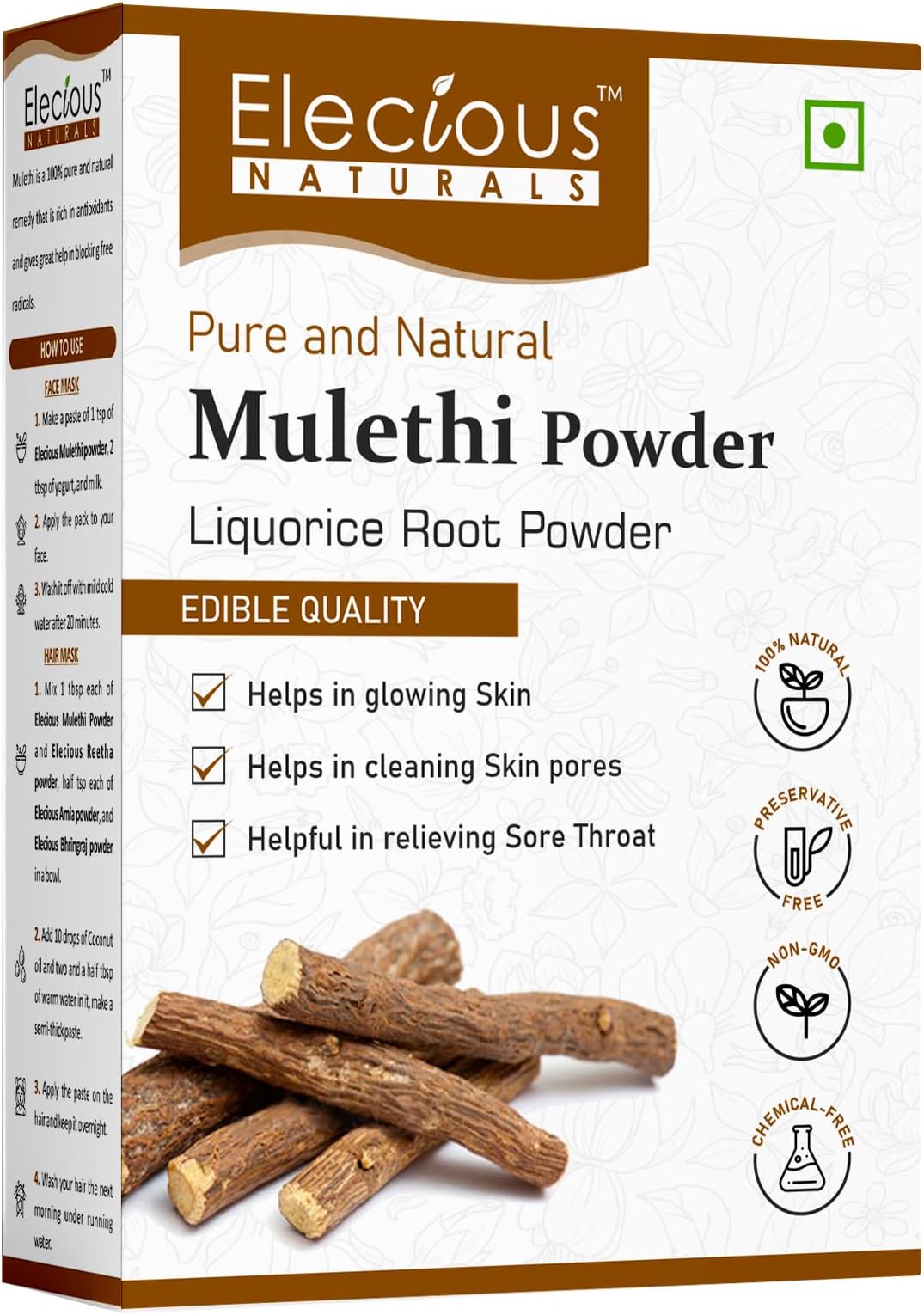 Elecious Mulethi Powder for Face, Hair, Eating, Yashtimadhu Powder, Liquorice (Licorice) Powder for Skin Edible Hair and Skin Care Natural, Preservative-Free 200gm