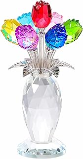 Crystal Colorful Rose Flower Bouquet Figurine with Vase, Handmade Romant...