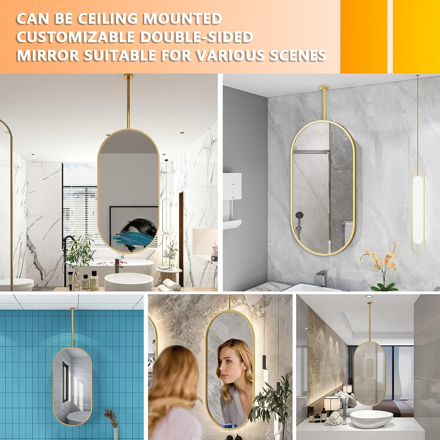 Gold Ceiling Mounted Mirror with Metal Hanging Rod, Bathroom Vanity Makeup Mirrors for Wall Mirror for Ceiling Hanging, Washroom Shaving Mirrors for Decorative (Size : 50cmx70cm)