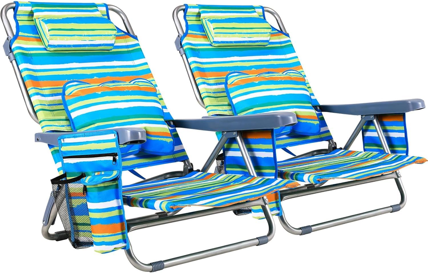 LIFERUN Strandstuhl Klappbar,2er Set,mit Verstellbare Rückenlehne,Grün | Rucksackfunktion, 4-stufig Verstellbar, mit Kühlfach, Kopfstütze, Lendenkissen & Atmungsaktivem Oxford-Gewebe für Outdoor