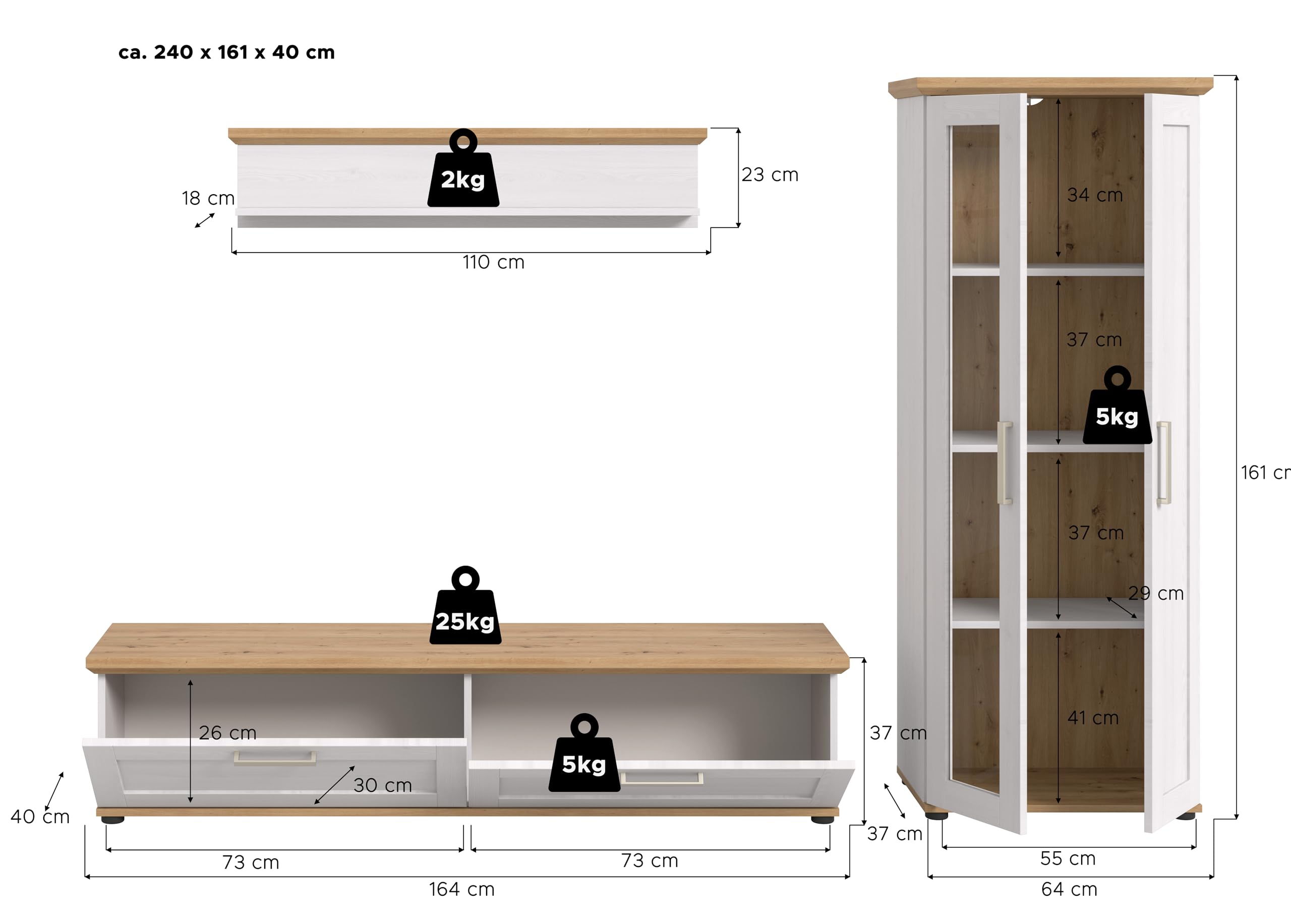 xonox.home - Wohnkombination Verona 3-tlg. Set 240x161x40 cm in Sibiu Lärche und Artisan Eiche - Wohnkombination Wohnwand Wohnzimmermöbel Wohnzimmerschrank - schöner Blickfang