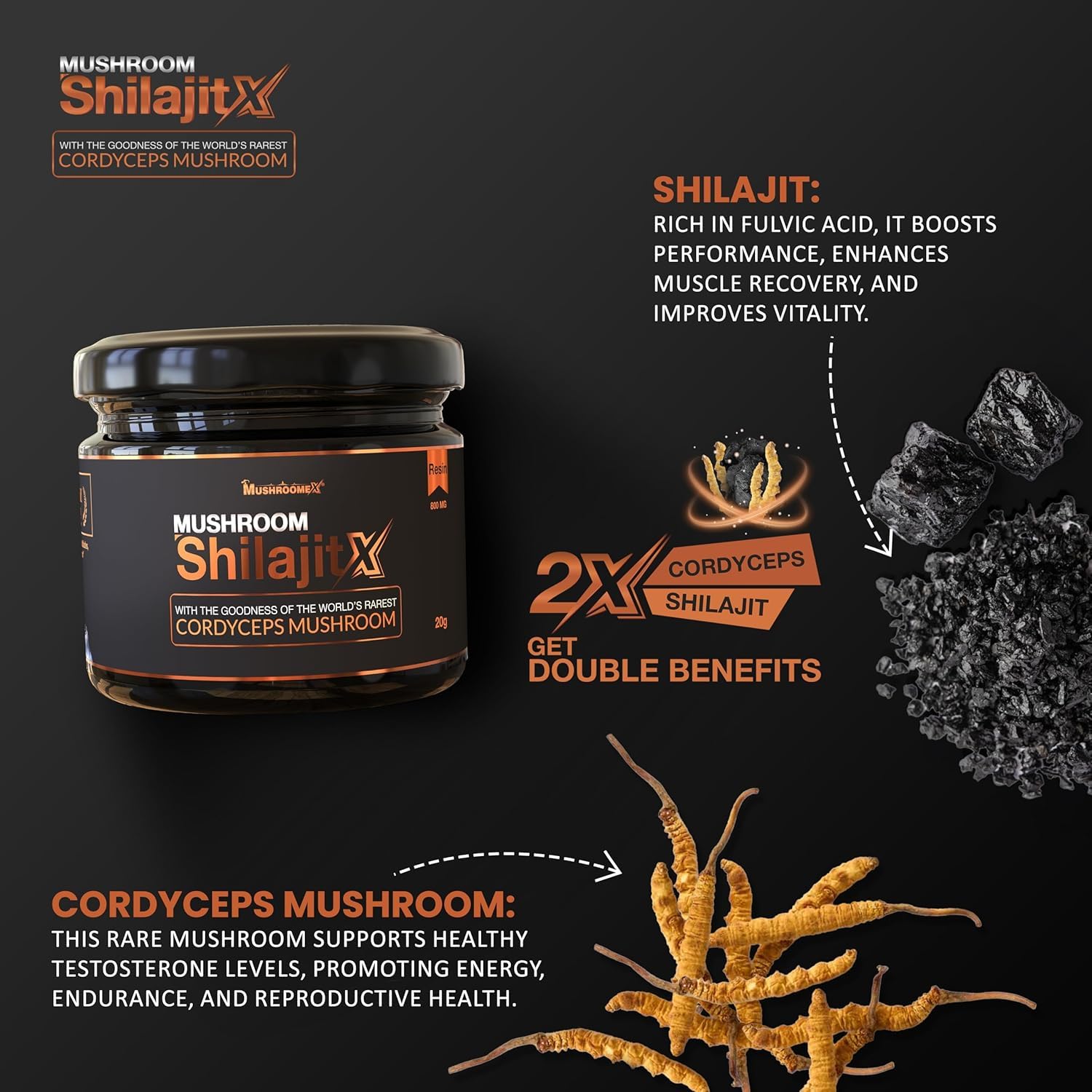 Mushroomex Shilajit Resin & Shilajeet Gold Resin with Cordyceps Mushroom 9 Herbs | 2x Boosts stamina & gym performance | 100% Ayurvedic 2