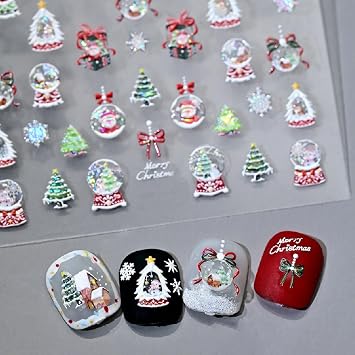 1Sheets Embossed Christmas Nail Stickers Santa Claus Snowflake Nail Decals Snowmen Crystal Ball Xmas Tree Bows Nail Art Stickers 5D Nails Charms Winter Xmas for Women Girls Kid Manicure Decoration