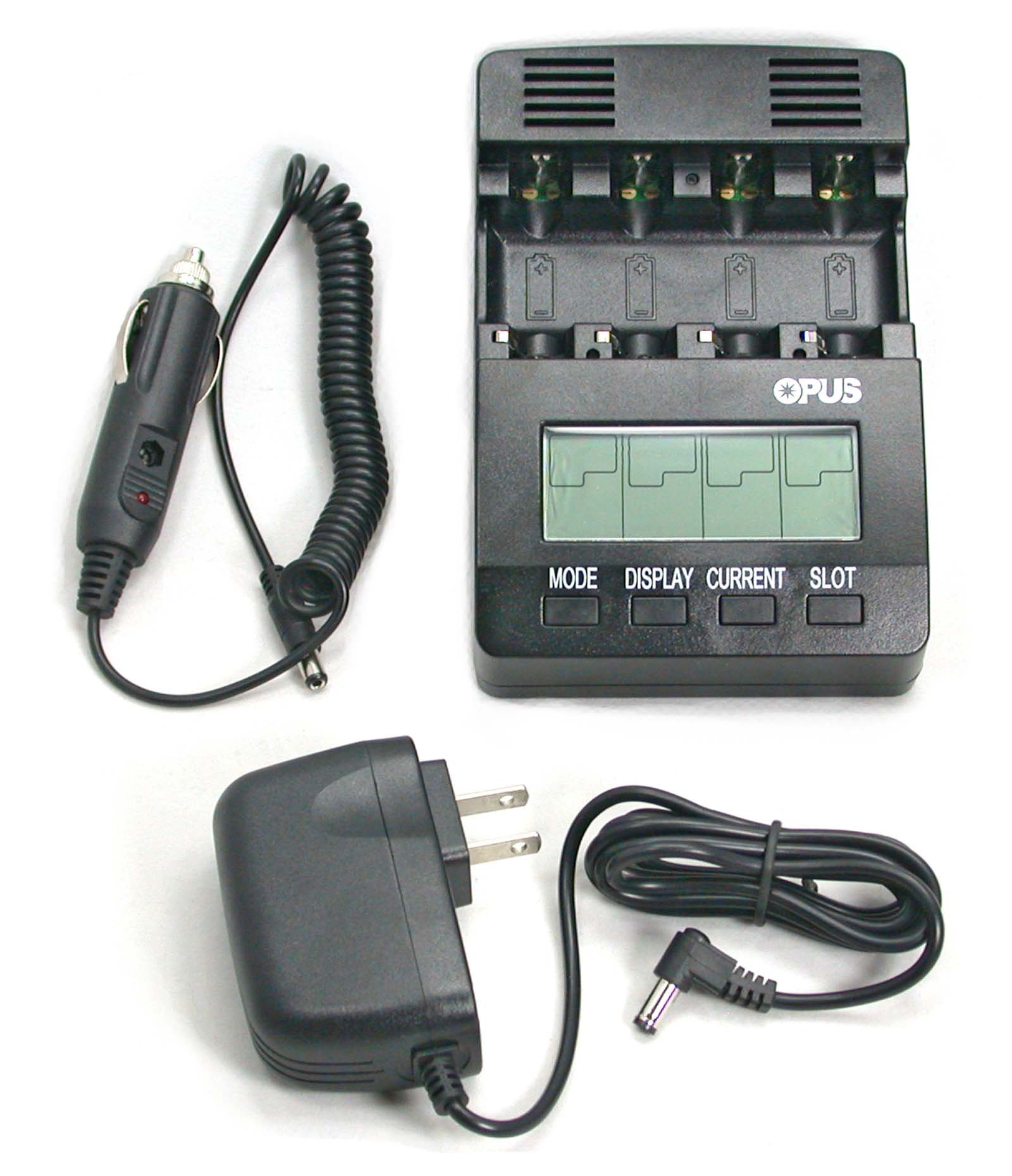 Opus Battery Charger Analyzer Tester for AA AAA NiMH NiCd Rechargeable Batteries with Car Adapter