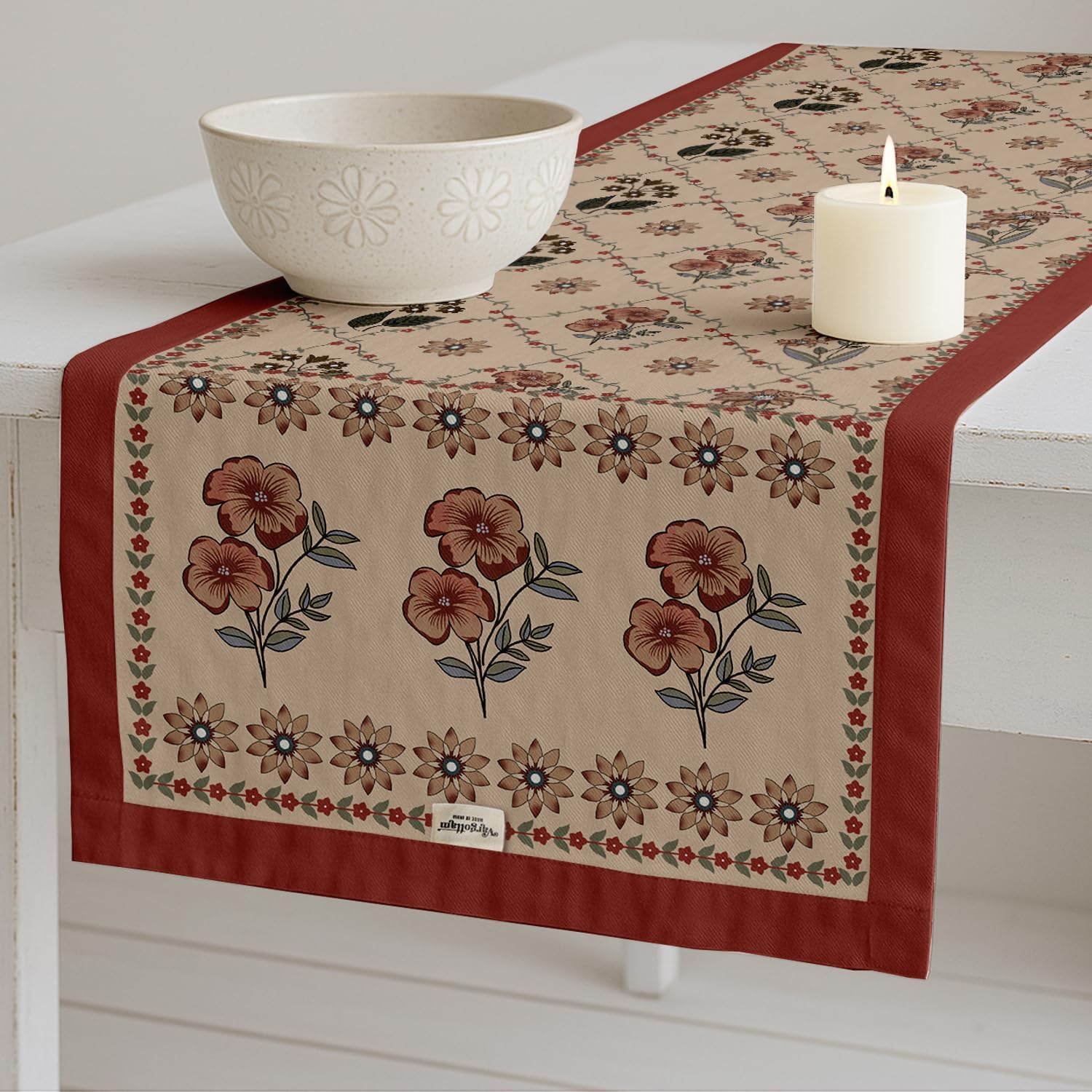 Double Layer Cotton Table Runner with Border - Floral Print, Machine Washable - Dining Table Décor for Farmhouse & Modern Homes