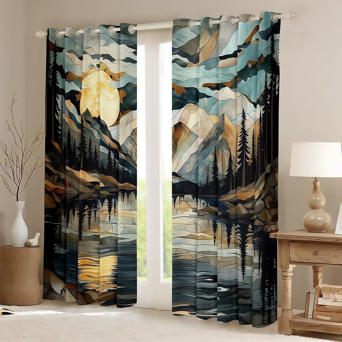 Lake House Kids Window Curtains,Pine Trees Mountain Natural Rustic Window Drapes for Girls Boys,Wild Adventure Geometric Abstract Farmhouse Window Treatments Grommet Top 2 Panel Set,38Wx45L inch