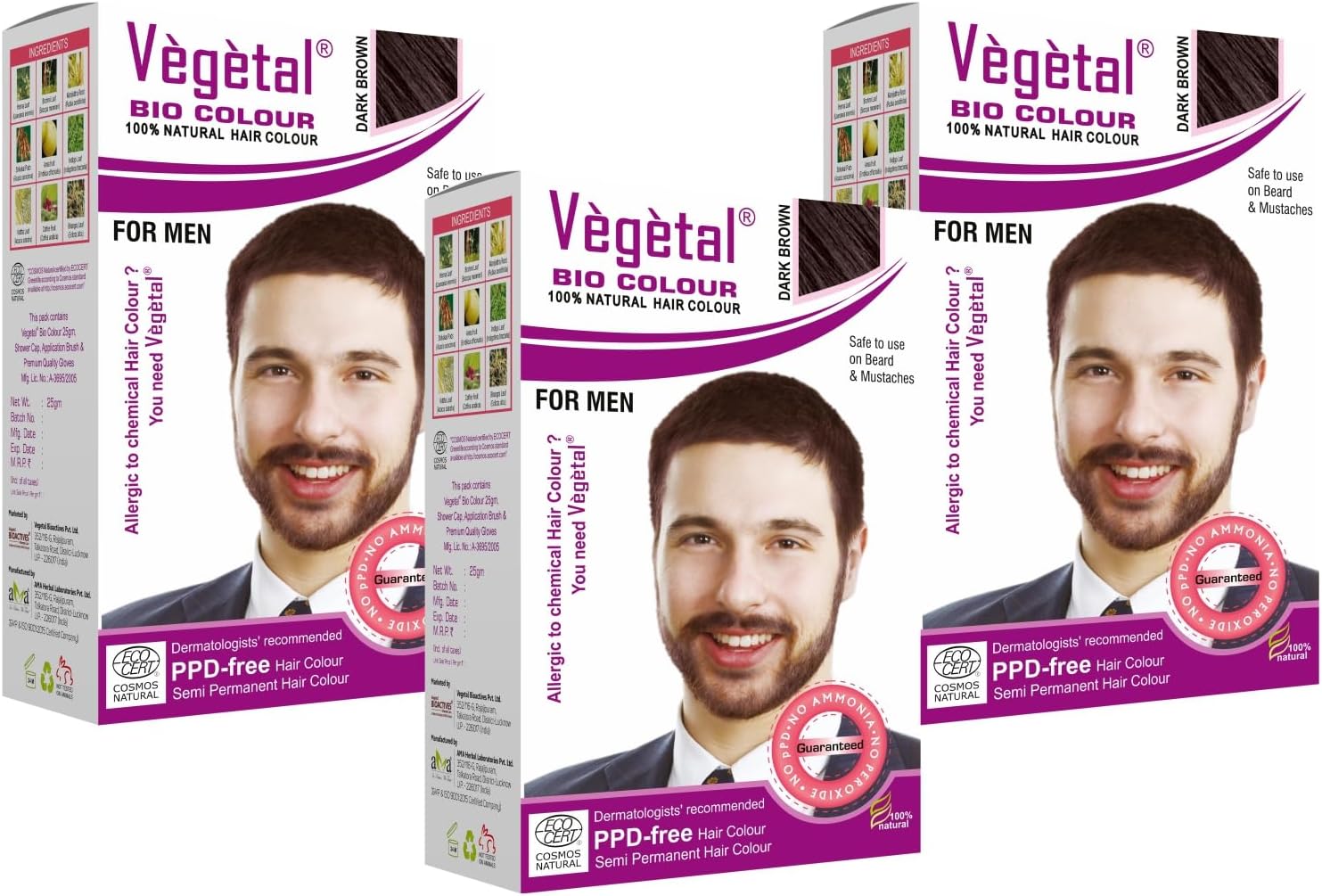 Vegetal Bio Colour - Experience Natural Dark Brown Beard Hair Color for Men, Ammonia-Free, PPD-Free, 100% Organic, and Herbal, Safe and Effective Beard Dye, Complete Kit Included 25g Each