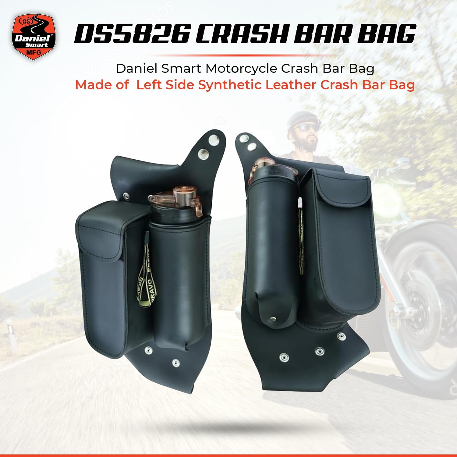 Daniel Smart Motorcycle Leather Crash Bar Bag Left Saddlebag Guard bag with Water Bottle Holder Snap Closure. (CRASH BAR BAG LEFT SIDE)
