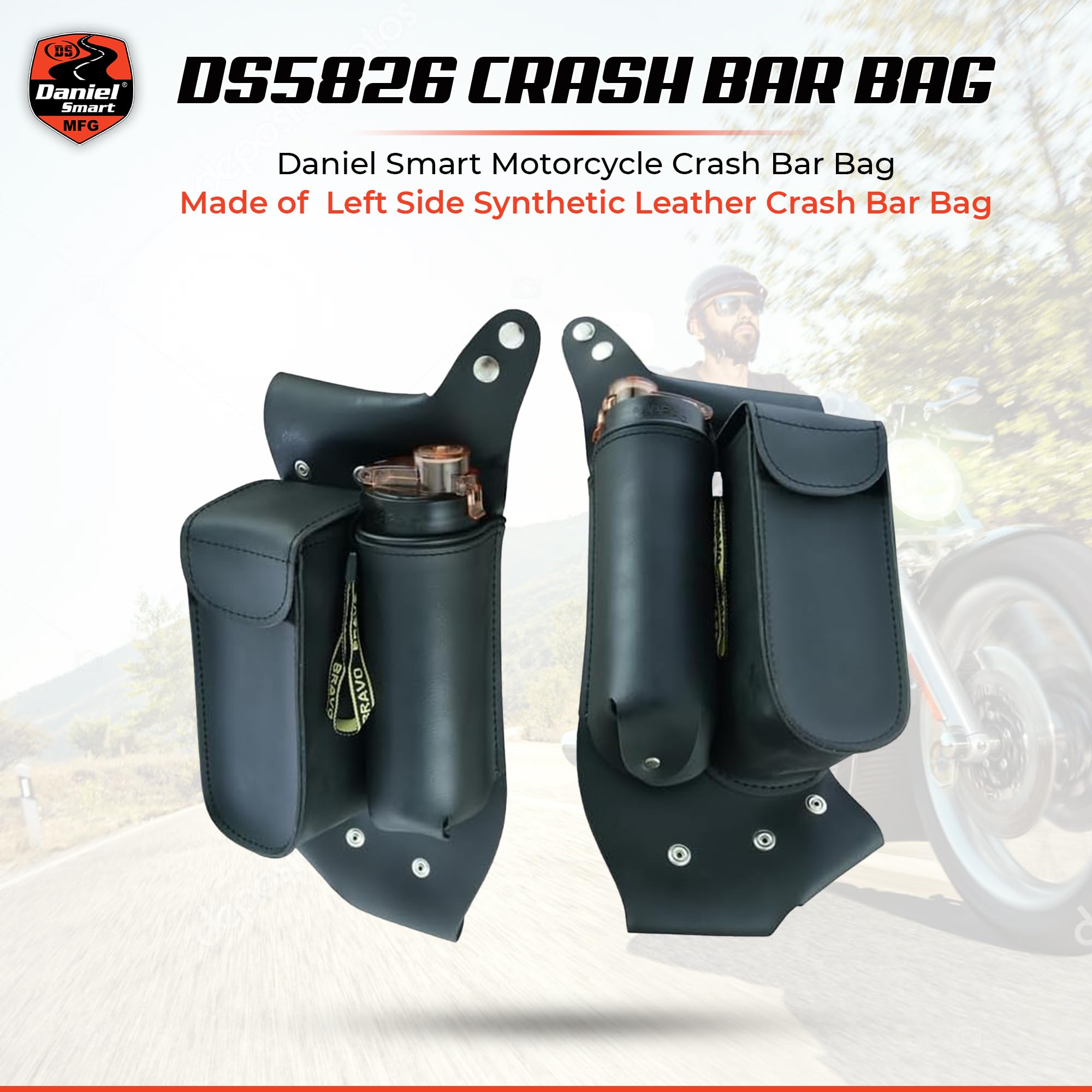 Daniel Smart Motorcycle Leather Crash Bar Bag Right side Saddlebag Guard bag with Water Bottle Holder Snap Closure. (CRASH BAR BAG Right Side)