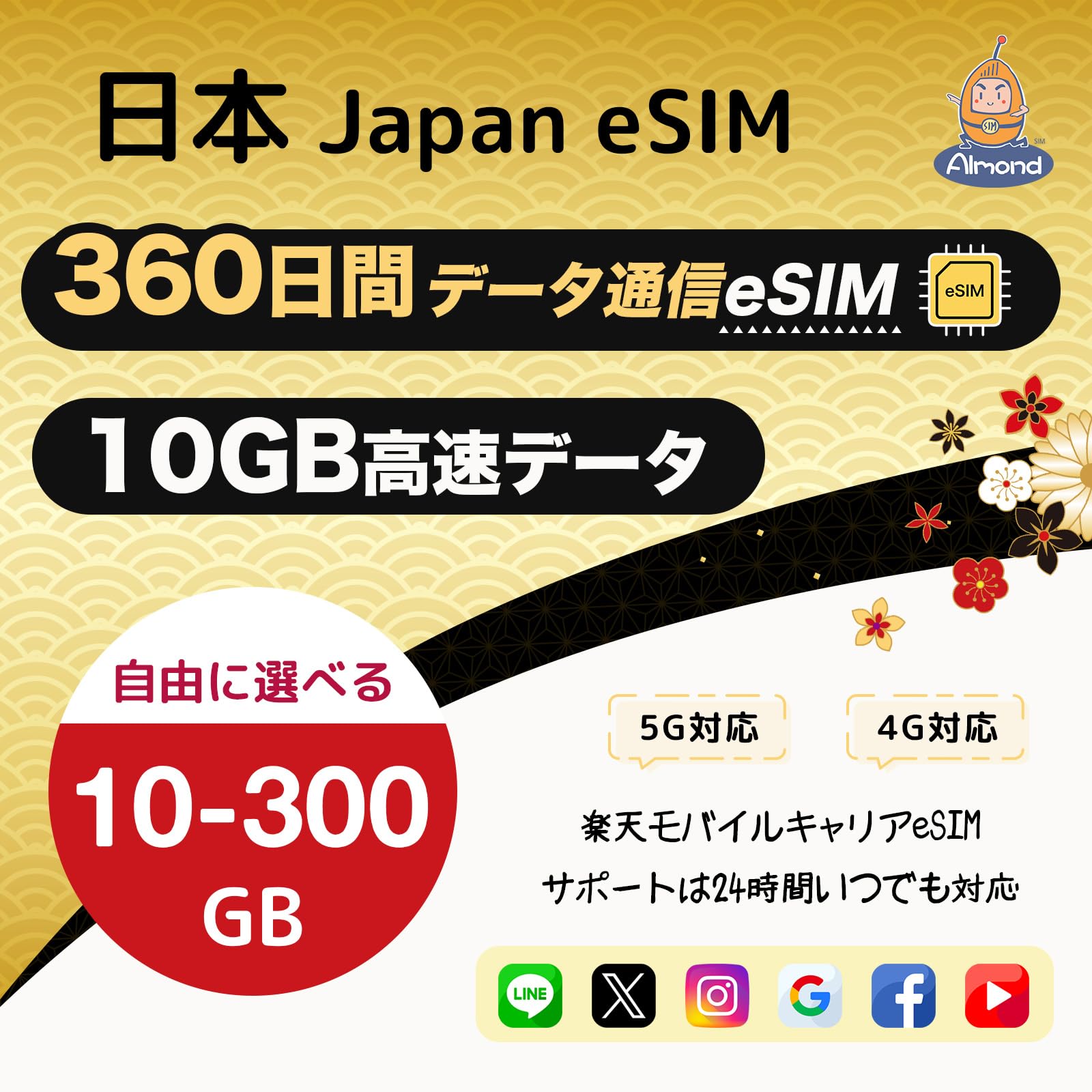 Japan eSIM Rakuten Mobile Line, 10 GB, 360 Days, High Speed Data Transmission, Prepaid eSIM, No Physical SIM Required, Instant Usage, Supports Domestic Travel and Temporary Return (360 Days 10 GB) : E