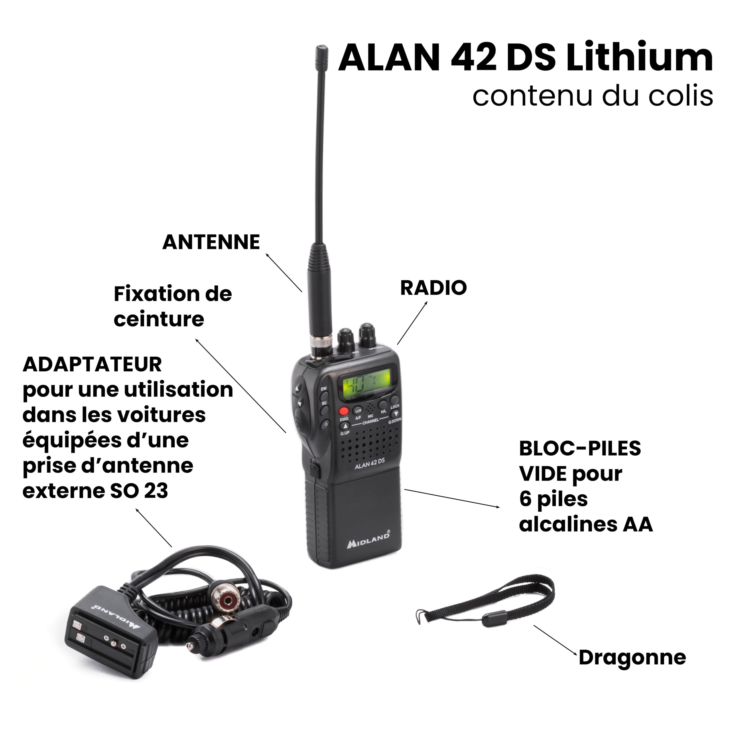 Midland - Radio CB Alan 42 DS Lithium, Radio Récepteur Émetteur Professionnel Portable AM/FM avec Batterie Li-ION 2800mAh pour Durée de Vie Doublée Multibande, Squelch Numérique et Charge USB C