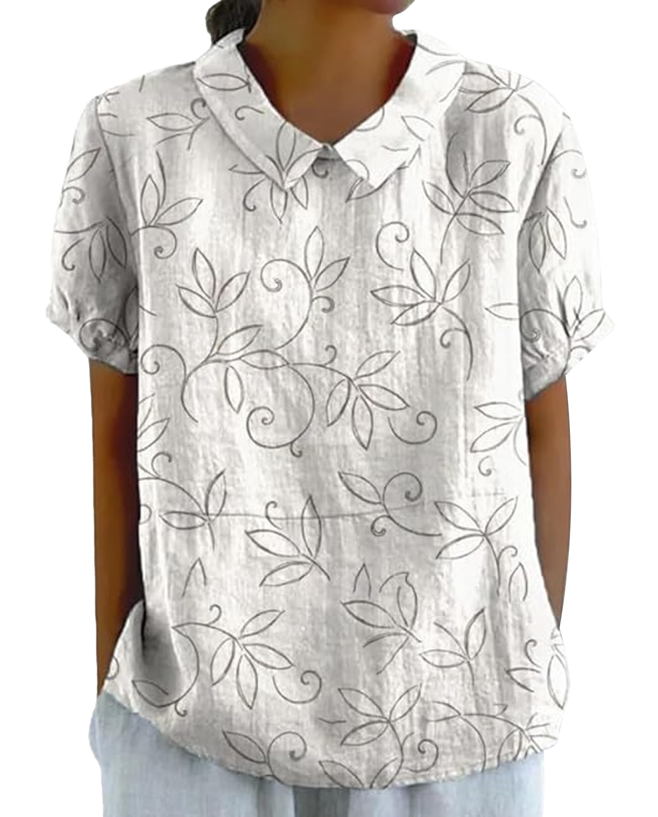 Zhyaj Boho Cotton Shirt for Womens Floral Printed Short Sleeve Summer Linen Shirts Casual Collared Trendy Blouse Tops