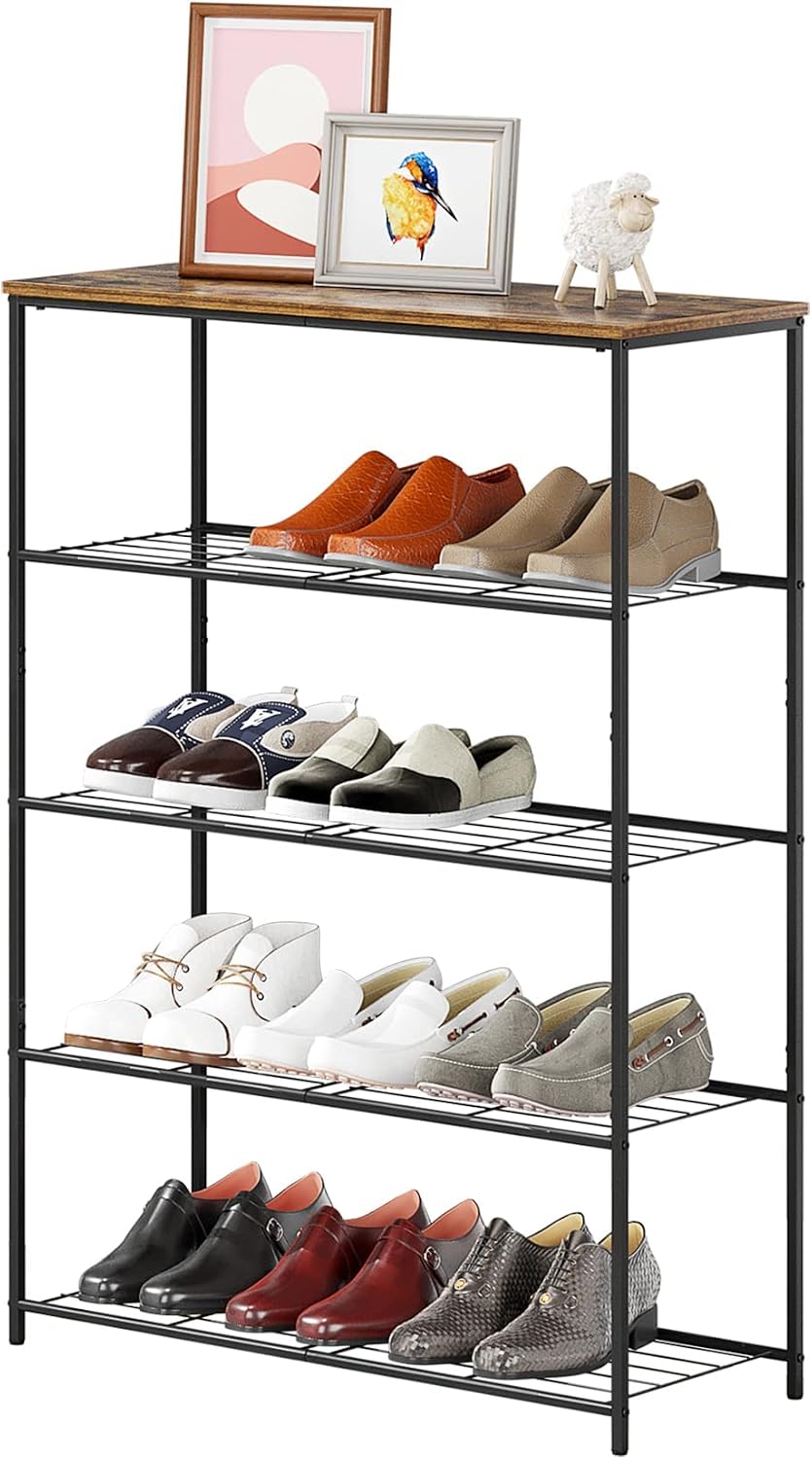 Gadroad Shoe Rack, Free Standing Shoe Storage Organizer, Large 5-Tier Sturdy Metal Shoe Rack Shelf for Entryway, Hallway, Closet, 40.35 inch H, Rustic Brown