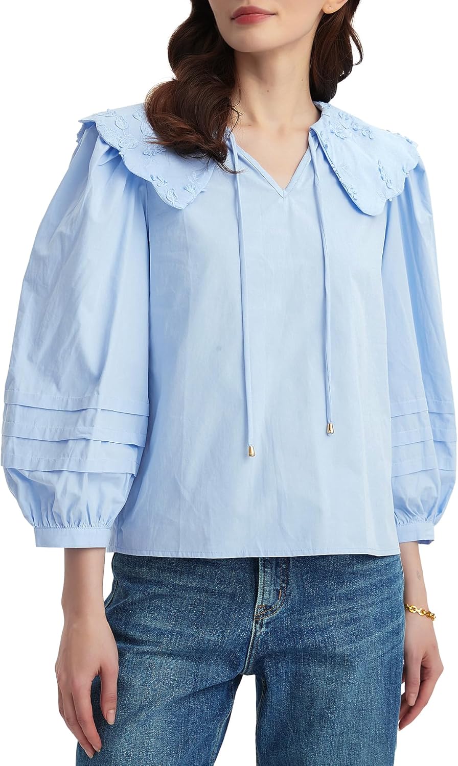 Kedera Women's 3/4 Sleeve V Neck Blouses with Embroidered Collar Dressy Summer Tops Casual Loose Fit Shirt with Tie