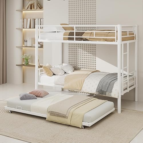 Miniatura 63 de GNIXUU Literas de tamaño individual sobre matrimonial, marco de literas bajas de metal resistente con barandilla de seguridad y escalera para