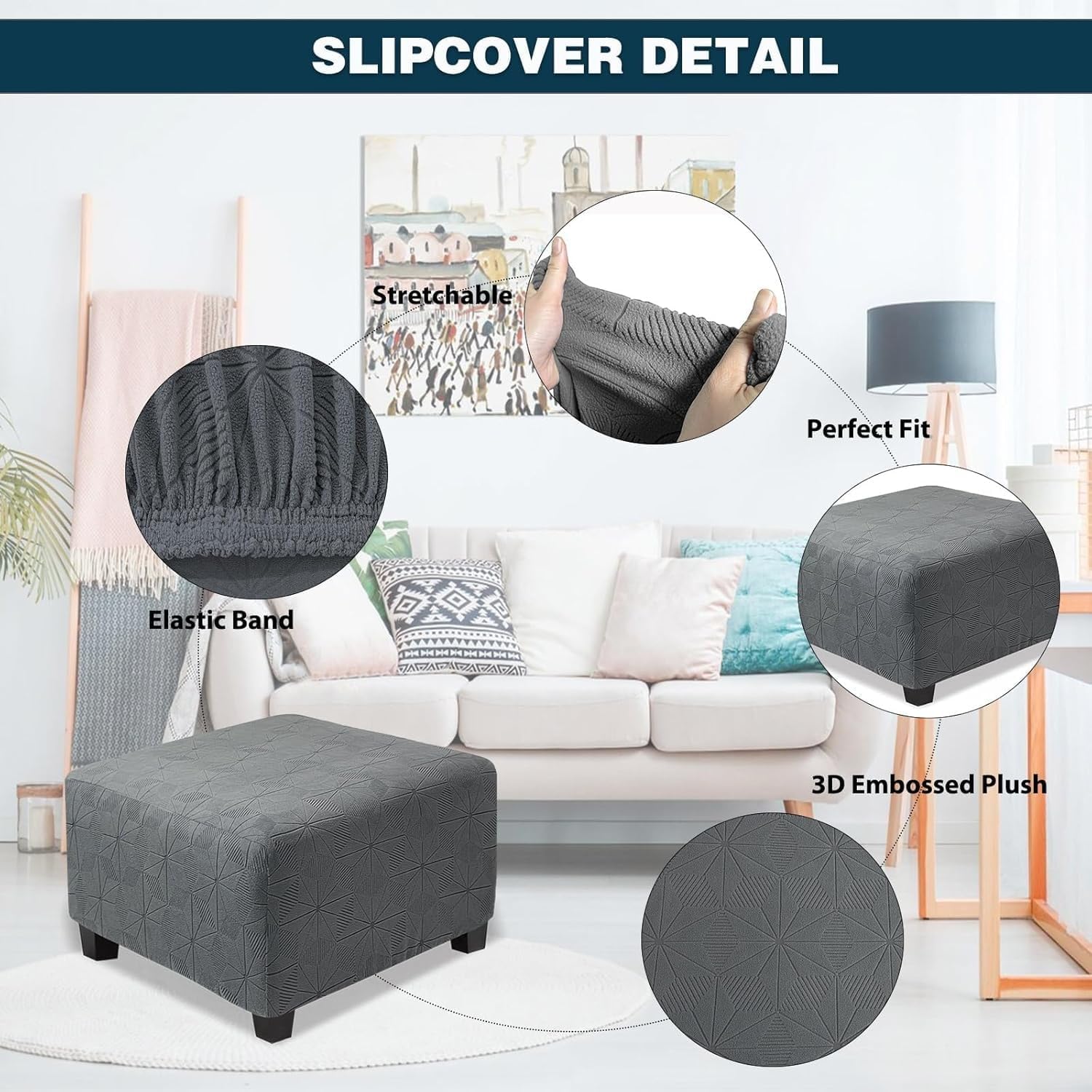 Stretch Square Ottoman Covers Slipcover,Soft Knitted Jacquard Cover for Ottoman Square Footstool Protector for Living Room 35-44in