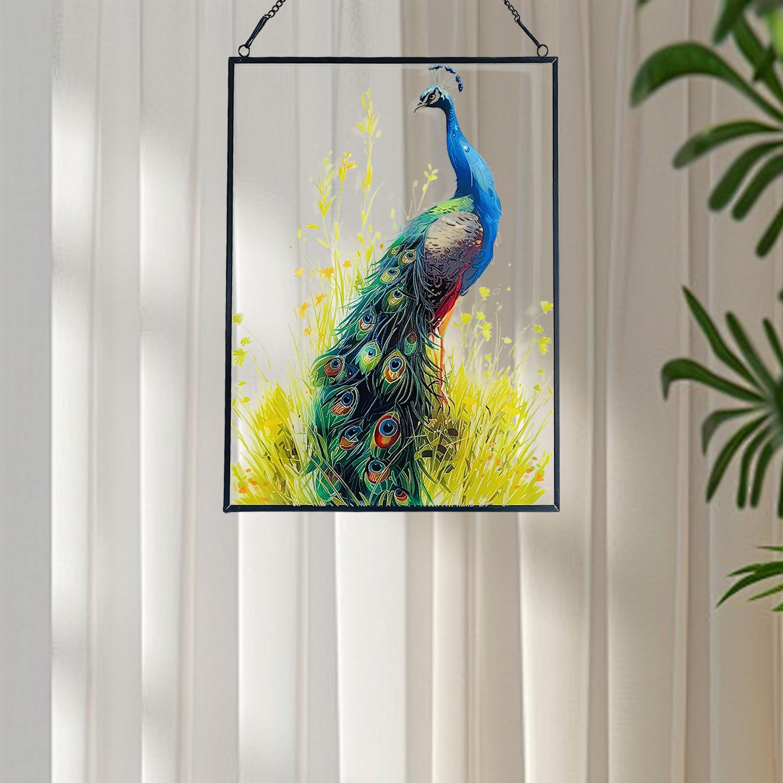 Pfauen-Buntglas-Fensterbehang – Runder Sonnenfänger Mit Kette, Handbemalt (Blau)