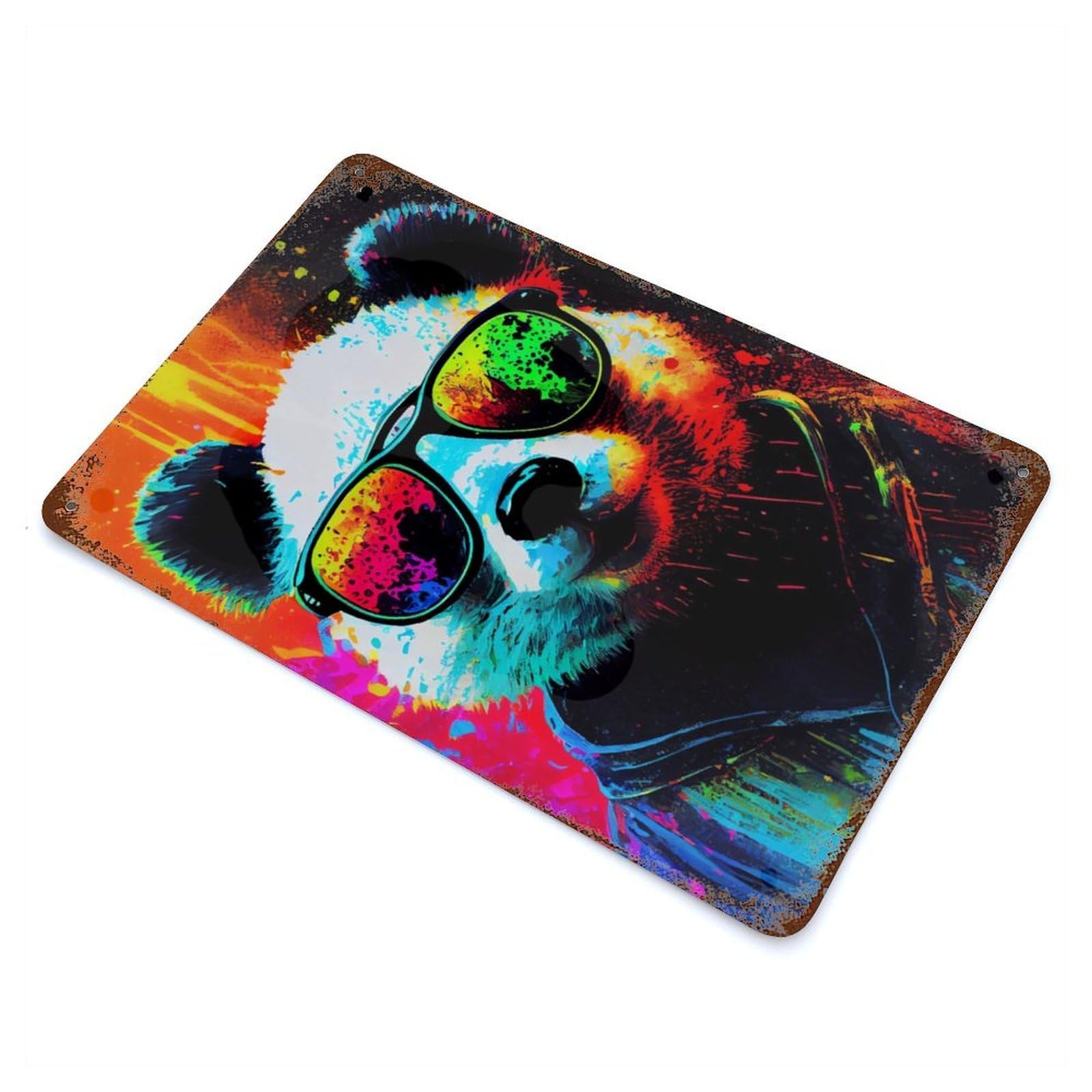 Panda PopArt Animal Rust Effect Tin Sign 11.8"x7.9", Industrial Home Decor for Garage, Bar And Workshop Decor