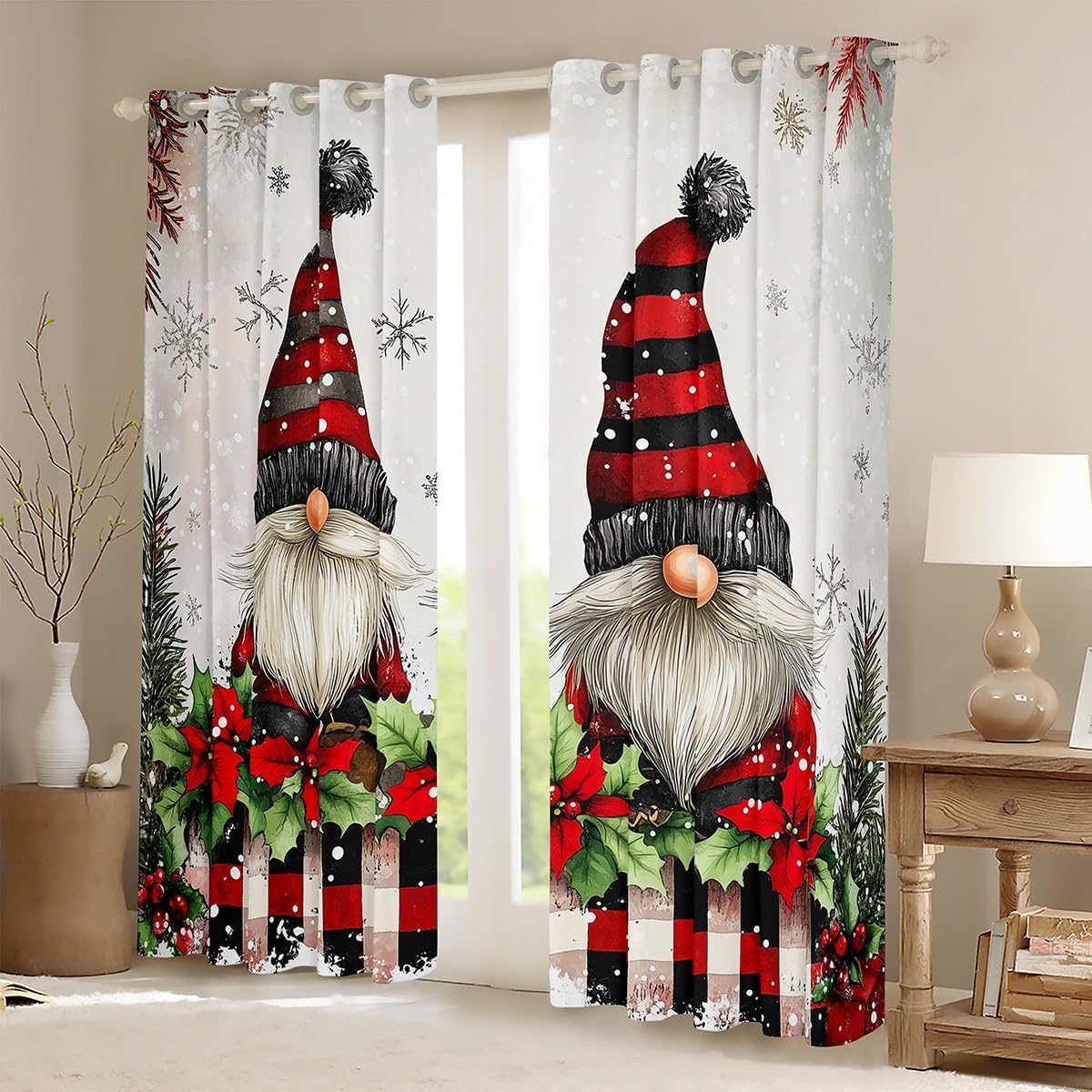 Christmas Gnome Window Curtain for Kids Xmas Berry Leaves Window Treatment Curtain Rustic Farmhouse Plaid Curtains for Bedroom Sketch Style Snowflake Window Drapes,52Wx96L