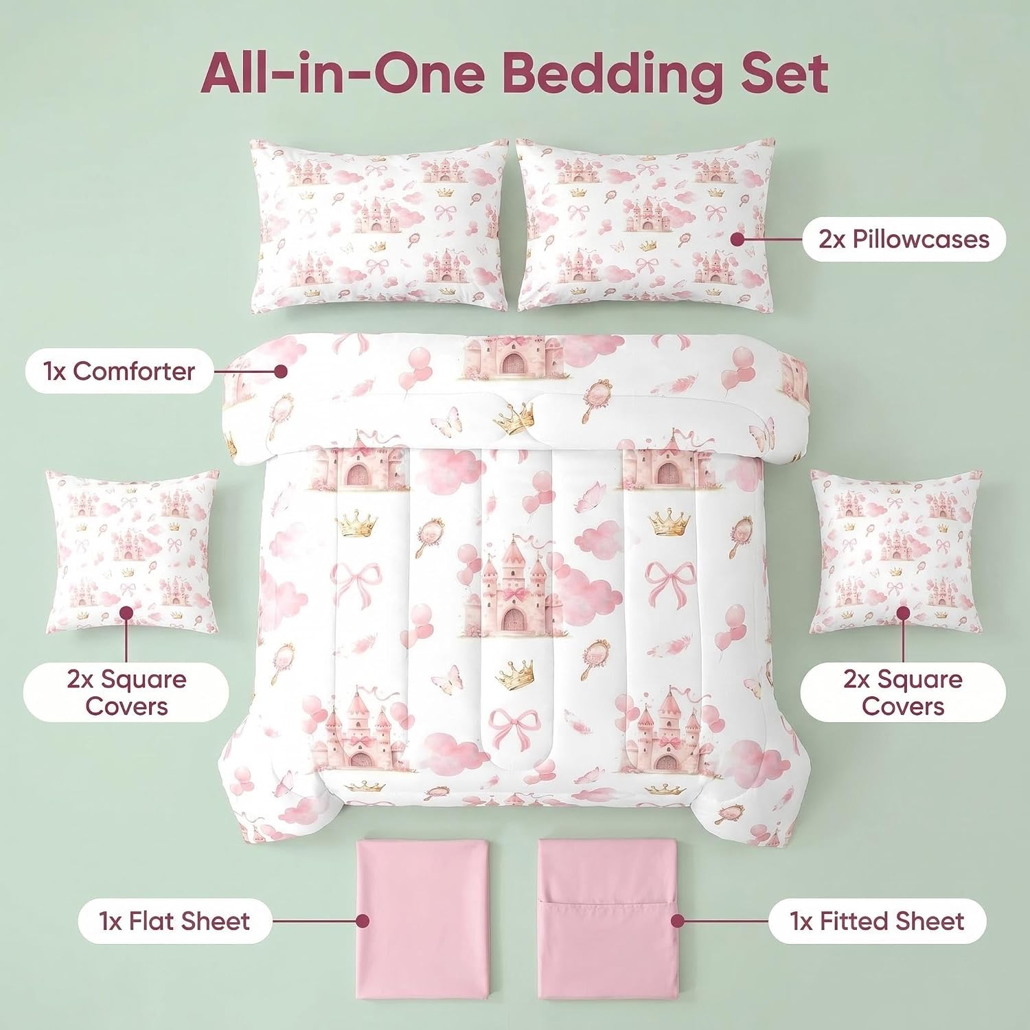 Feelyou Kids Pink Castle Bed in A Bag Full Size, Cute Bowknot Comforter Set with Sheets Boys Girls Girls Dreamy House Bed in A Bag 7 Pieces Fairytale Teens Bedroom Decor 7Pcs