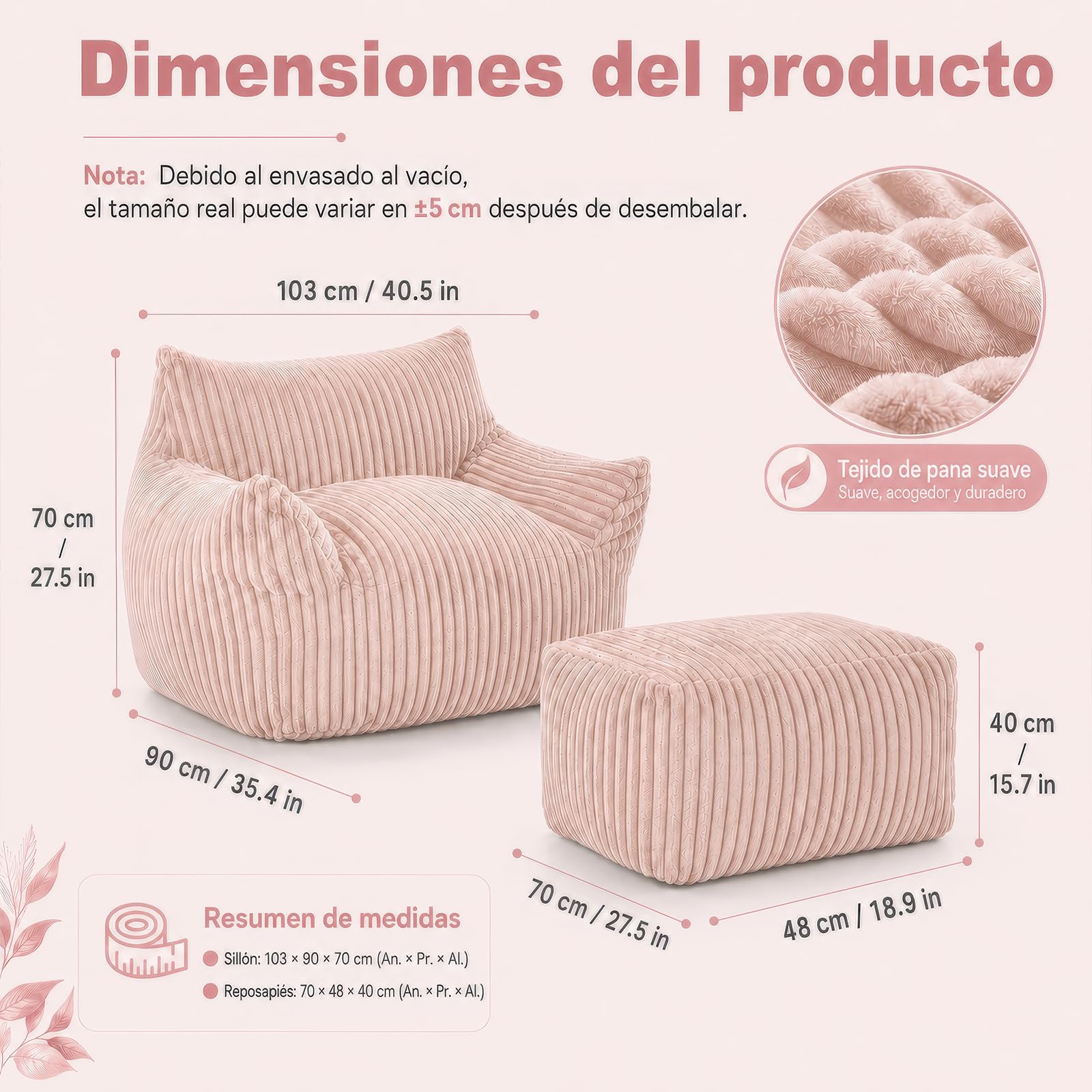 Pouf XXL pour adultes avec ottoman – Fauteuil inclinable ergonomique avec 5 zones de soutien, housse de cordon, rembourrage en mousse à rebond élevé, gain de place pour salon (rose)