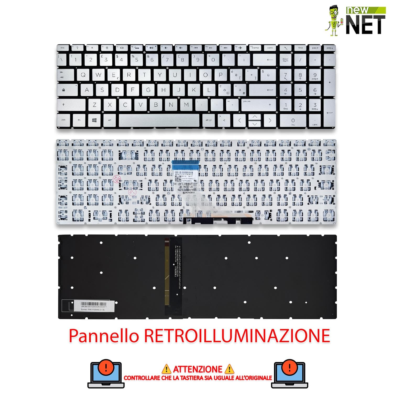 Tastiera Italiana Compatibile per HP 15S-DY, 15S-EQ, 15-EF, 15S-FQ, 15-GW, 15-CX, 15-BS, 15-CB, 15-CC, 15-CD, 15-CK, 15-BW [Senza frame - colore tasti Argento Silver - Retroilluminata - Layout ITA]