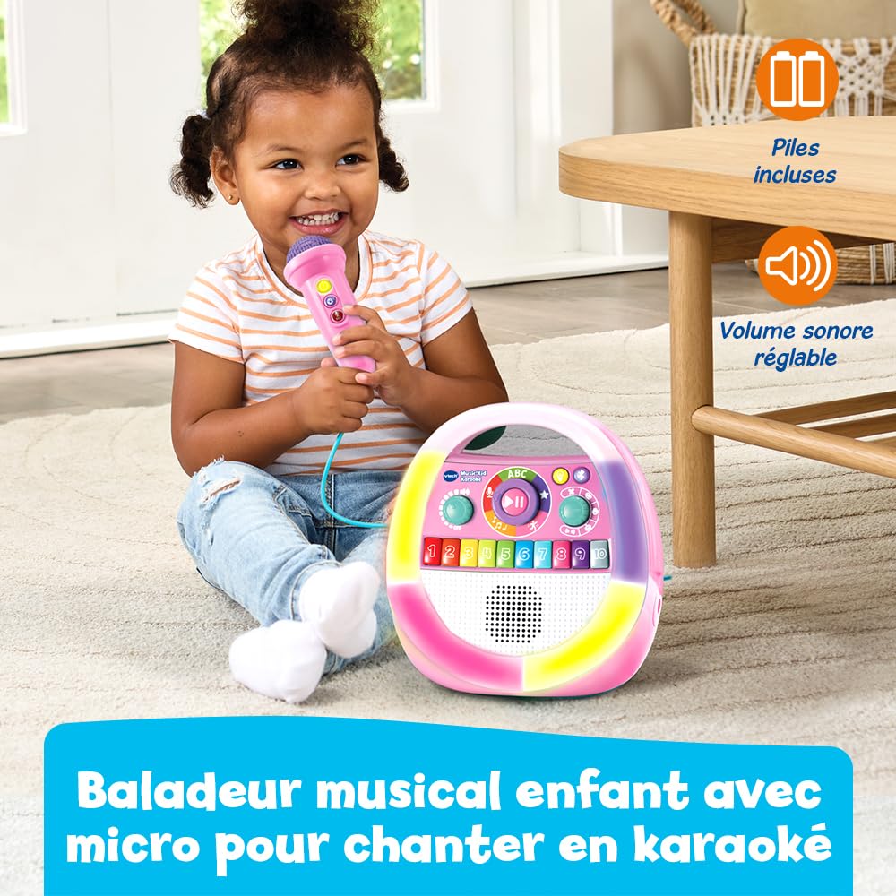 VTech Music'Kid Karaoké Rose Baladeur Musical Enfant Dès 2 Ans | Enceinte Bluetooth Lumineuse avec Micro Karaoké, Enregistreur Vocal, Comptines, Chansons Éducatives et Relaxantes en Français
